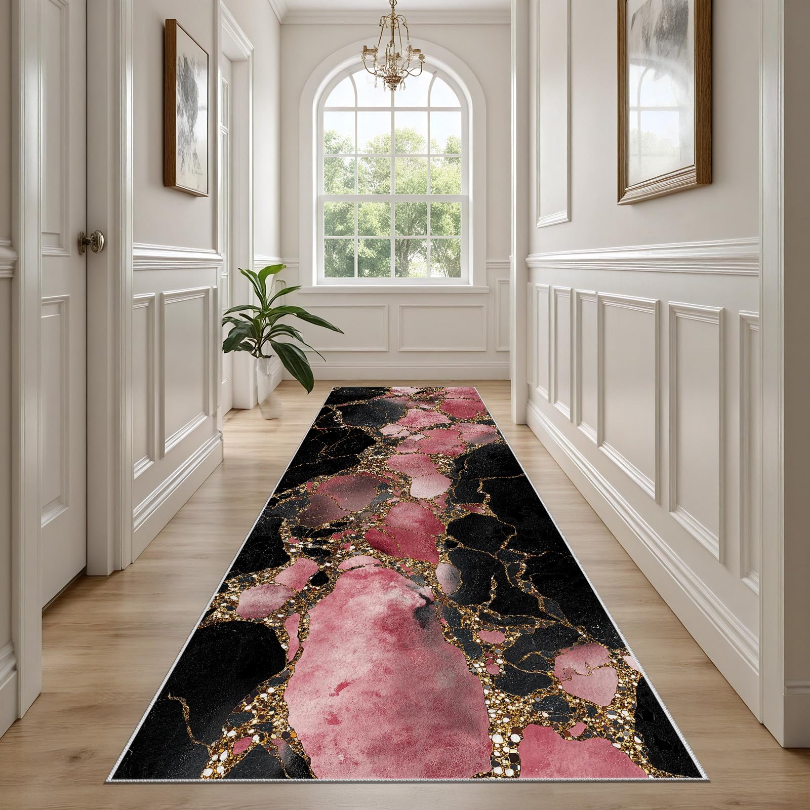 Tapis de couloir 120x240 cm marbre or rose abstrait moderne et lavable