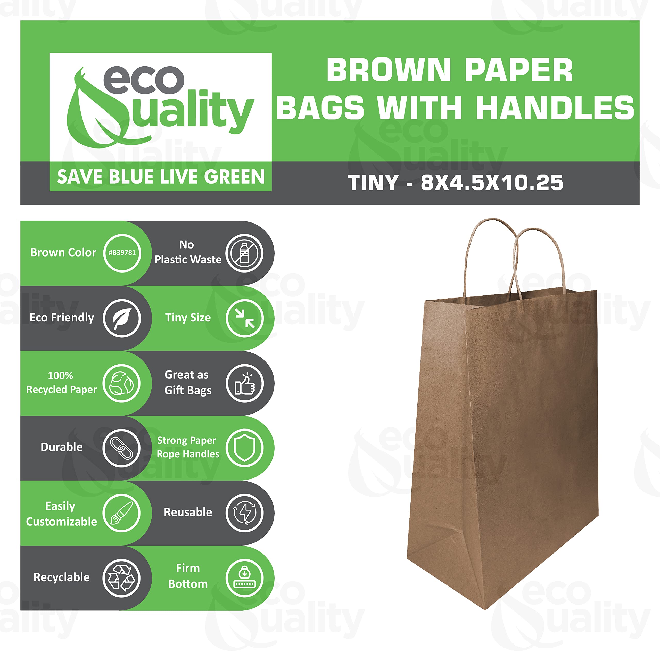 EcoQuality - 8 x 4.5 x 10.25 inches - 50pcs - Small Brown Kraft Paper Bags with Handles, Shopping, Gift Bags, Party, Merchandise, Lunch Bags, Grocery Bags