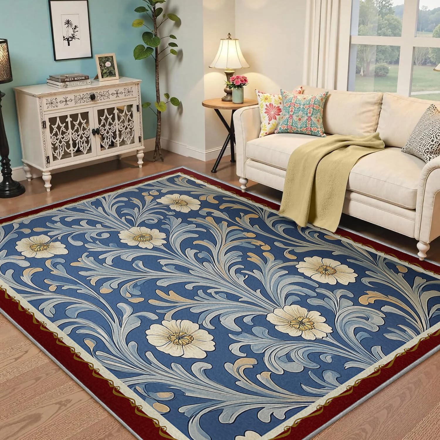 Rugs floraux bleu et ivoire au motif botanique élégant et tissage fin haut de gamme