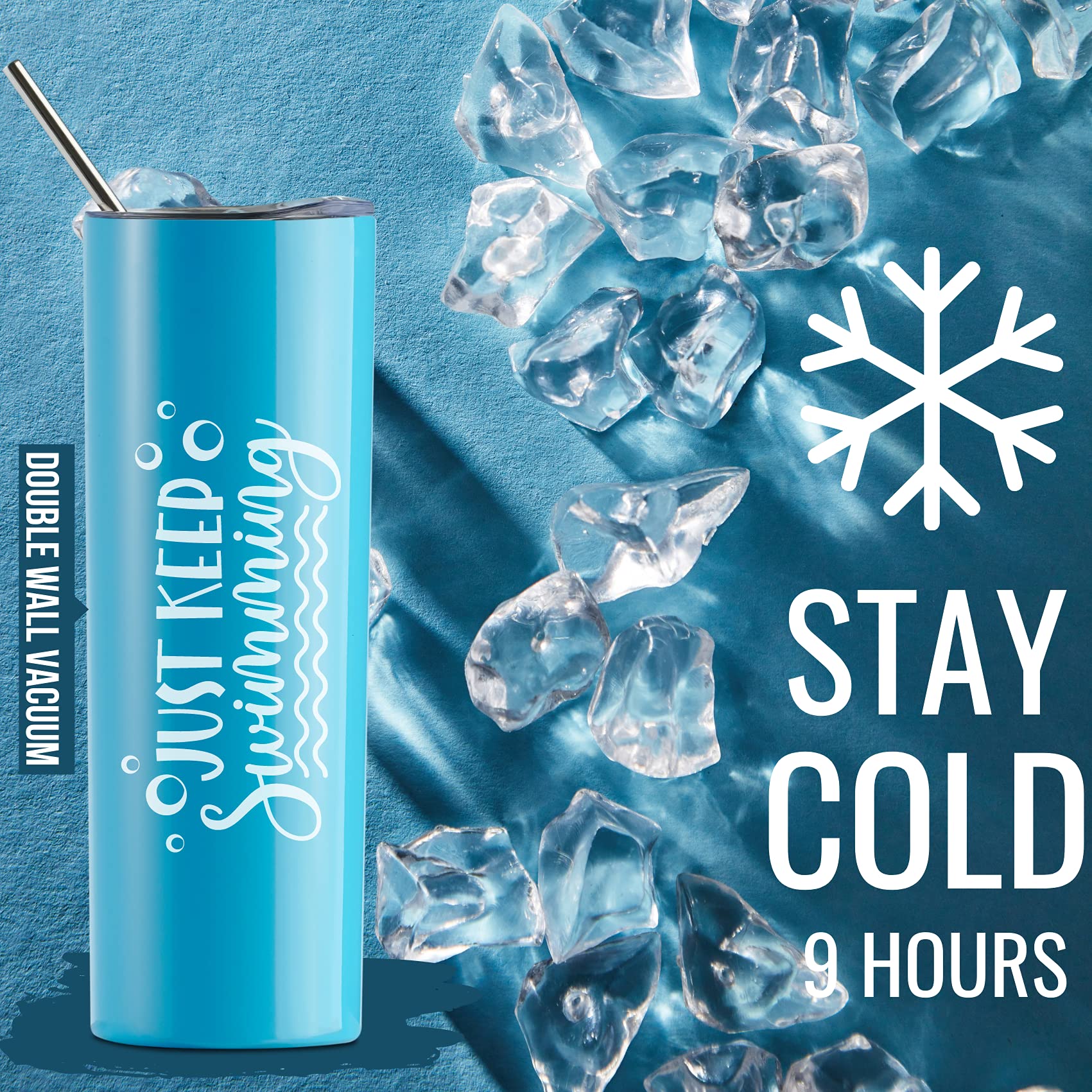 Onebttl Swimming Gifts, Swimmer Stainless Steel 20oz Skinny Tumbler for Women, Men, Teen Girls, Teammate, Coach, Blue - Just Keep Swimming