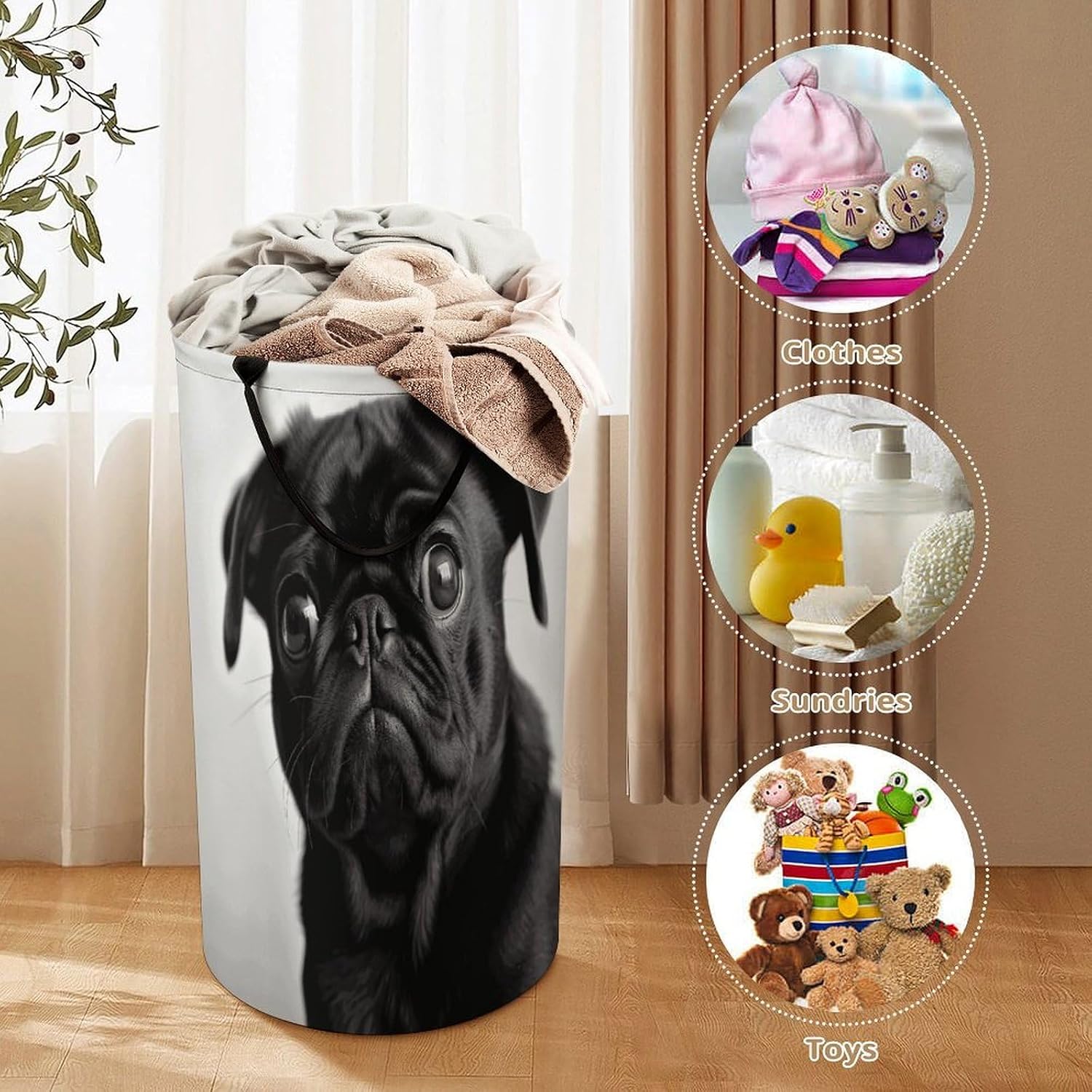 Cute Black Pug Dog Laundry Basket 86L Laundry Hamper | Collapsible Clothes Hamper with Reinforced Handles Waterproof Tall Foldable Dirty Clothes Basket for Hotel, Home, Closet