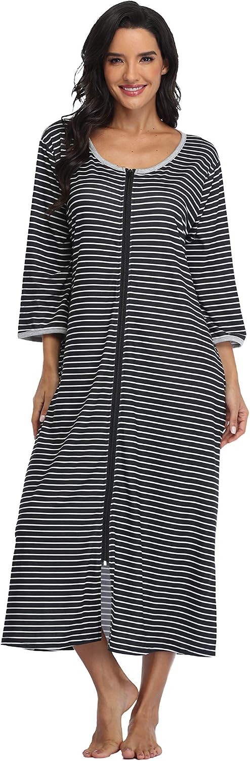 Women's Zip Up Housecoat Cotton Bathrobe Short Sleeve Sleepwear Full Length Stripe Loungewear with 2 Pockets