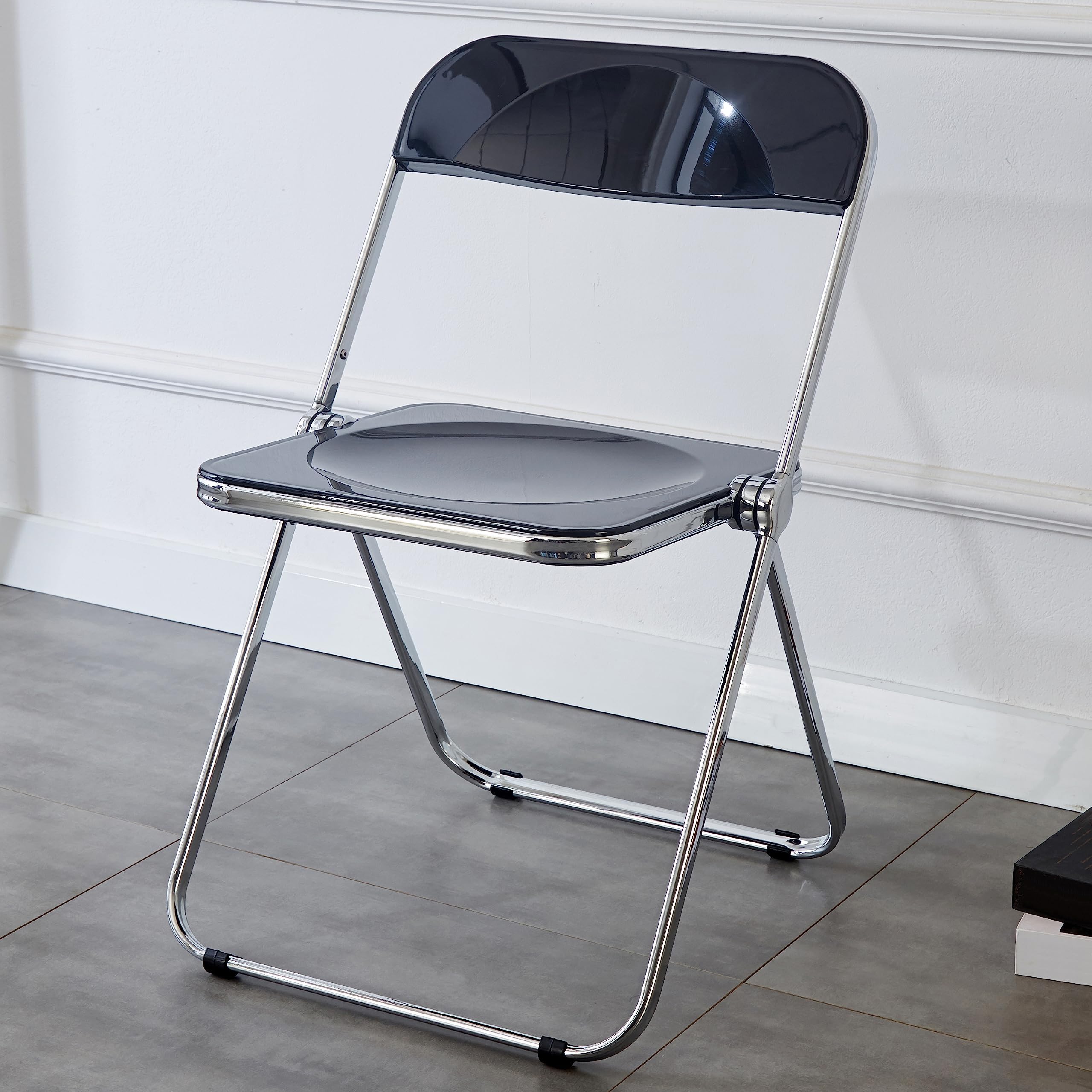 KAIHAOWIN Luxury Modern Acrylic Folding Chair-Ghost Stackable Crystal Folding Chair-PC Plastic Living Room Seat-Chrome Frame and Foldable Acrylic Chair for Outside Inside-Black.