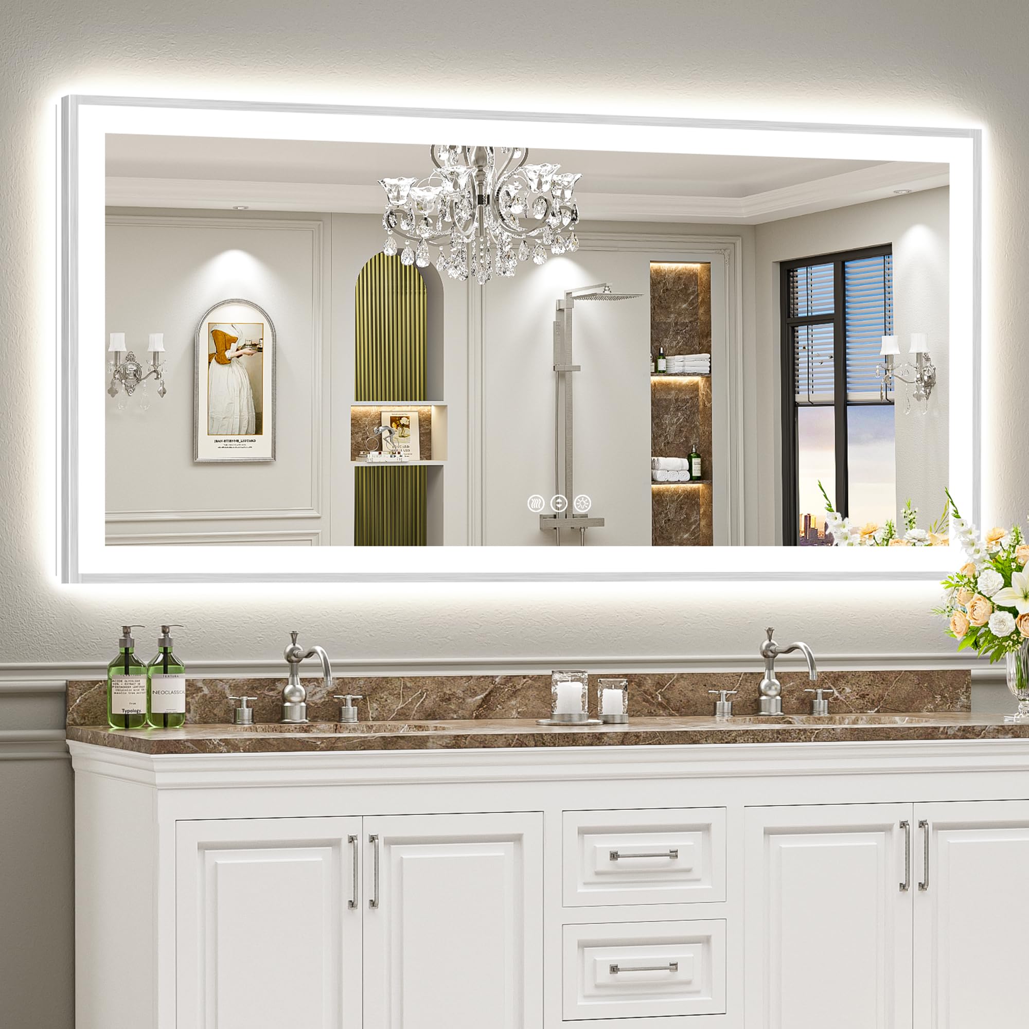 77x36 Inch Brushed Nickel LED Bathroom Mirror, Backlit &amp; Front-Lit | Silver Framed, Anti-Fog Lighted Vanity Mirror, Dimmable, 3-Color Temp, Memory, CRI95, Shatterproof, Tempered Glass, UL Listed