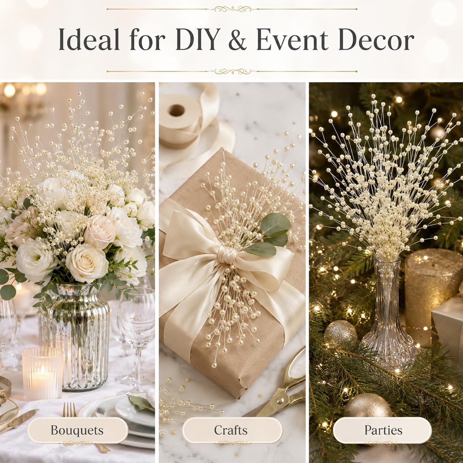 RAINFLOW 30 PCS Flower Bouquet Accessories - 4mm Bead Floral Picks Stick Bouquets,Floral Fillers for Arrangements,String Garland Beaded for Party,DIY Bridal Wedding Decorations,Vase Filler