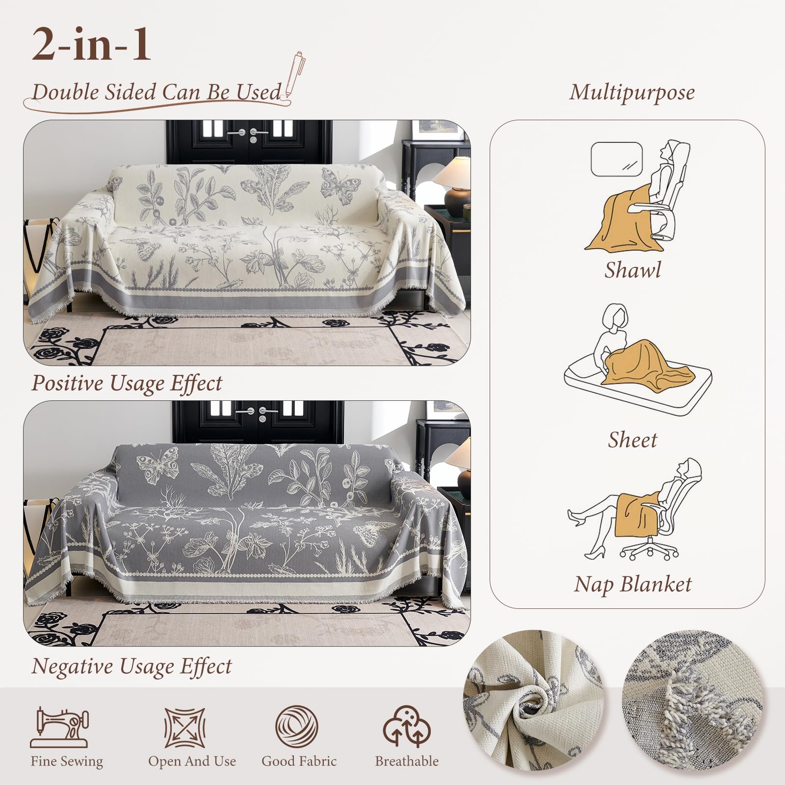 Coperta in ciniglia con nappe, morbida e multiuso, copridivano e poltrona, comoda coperta decorativa per letti, grigio, 180 x 420 cm