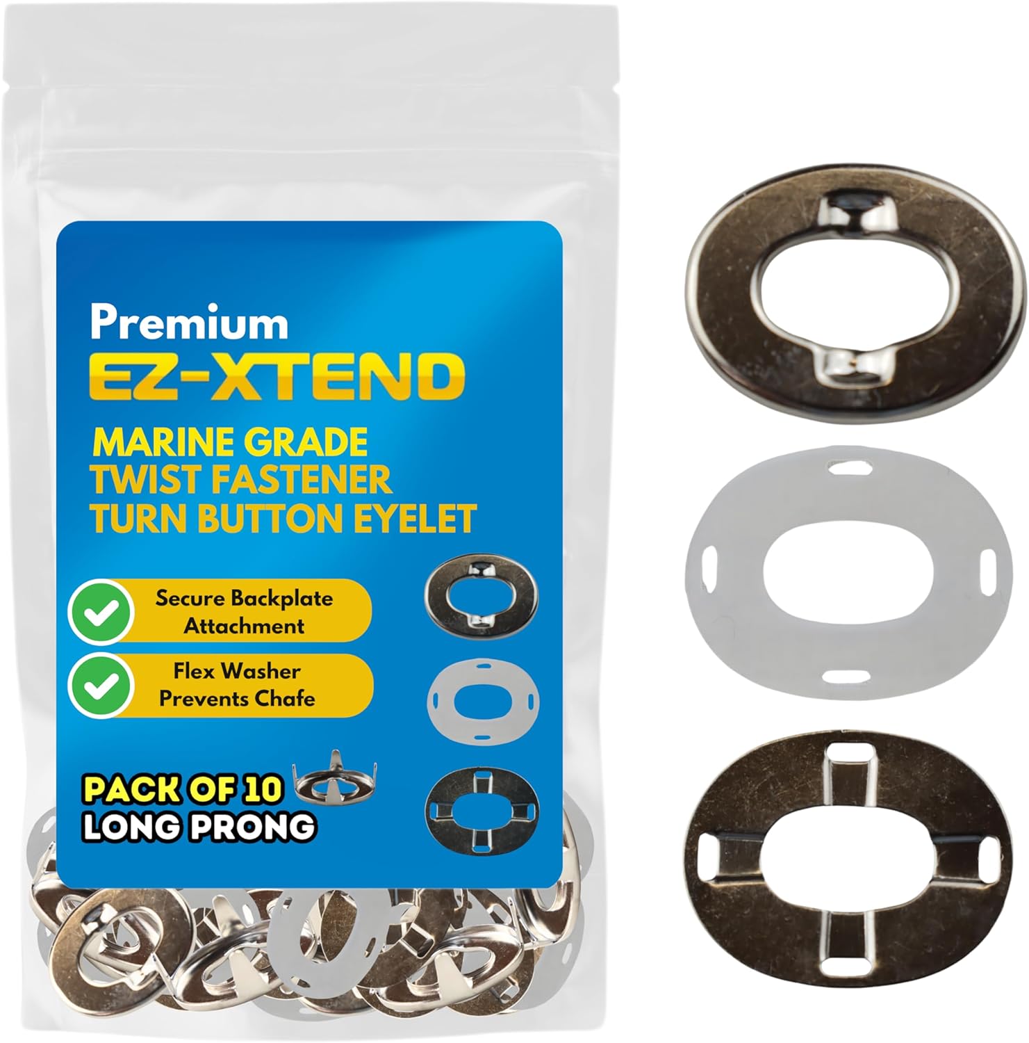 EZ-Xtend Fasteners Marine Grade, Twist Fastener Turn Button Eyelet for Canvas with Clinch Plate, Flex Washer (Long Prong - 10 PK)