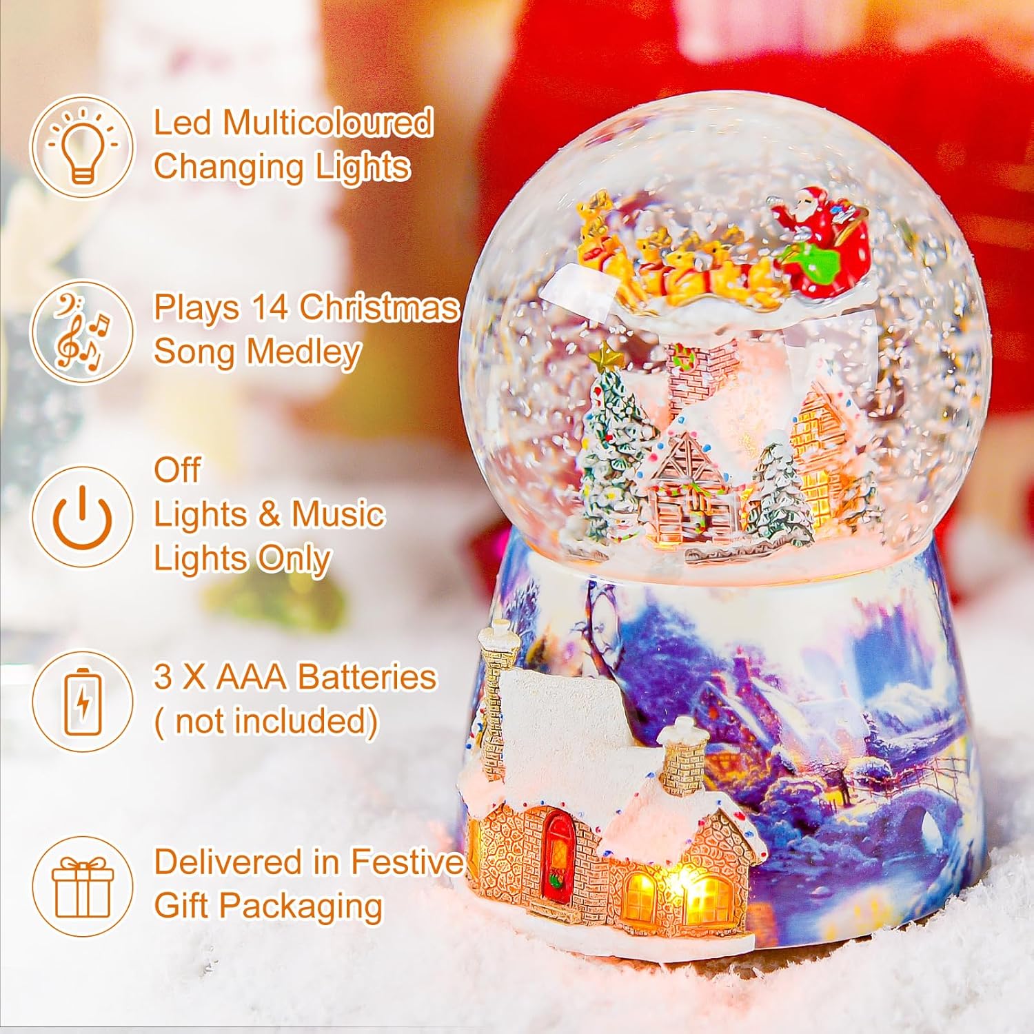 Musical Snow Globe with Lights and Rotating Santa Sleigh, LED Snowfall Globe with Village Scene and Melodies, Decorative Gift for Home Display, Plays 14 Classic Christmas Carols