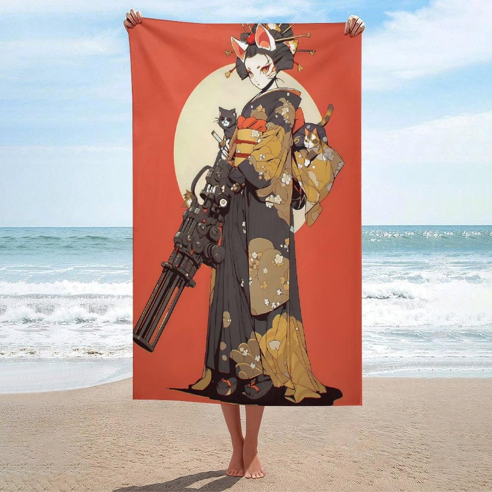 Serviette de plage 130 X 80 Cm Geisha Cat Gatling en microfibre légère