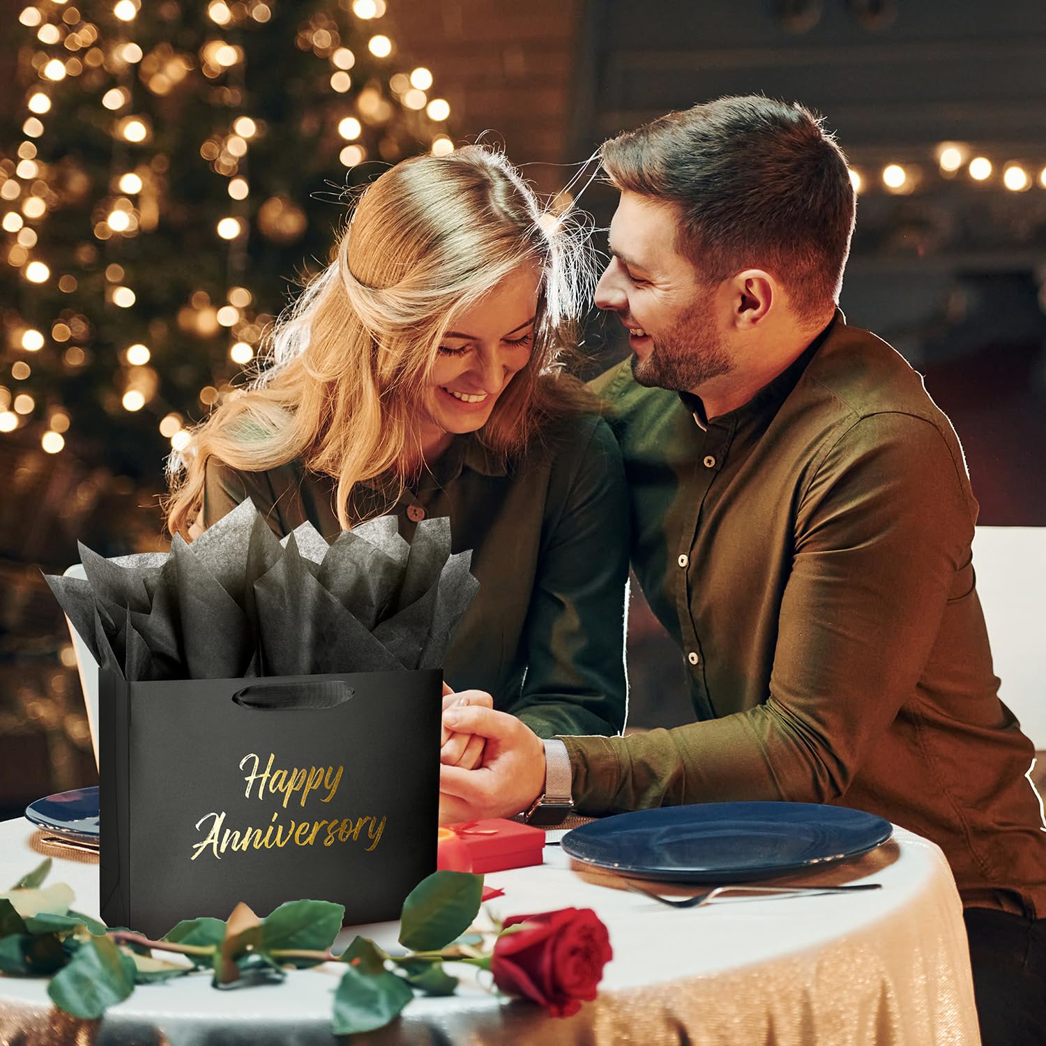 Linelglobal Black Anniversary Bag for Gift with Tissue Paper Silky for Women Men Boutique 13"