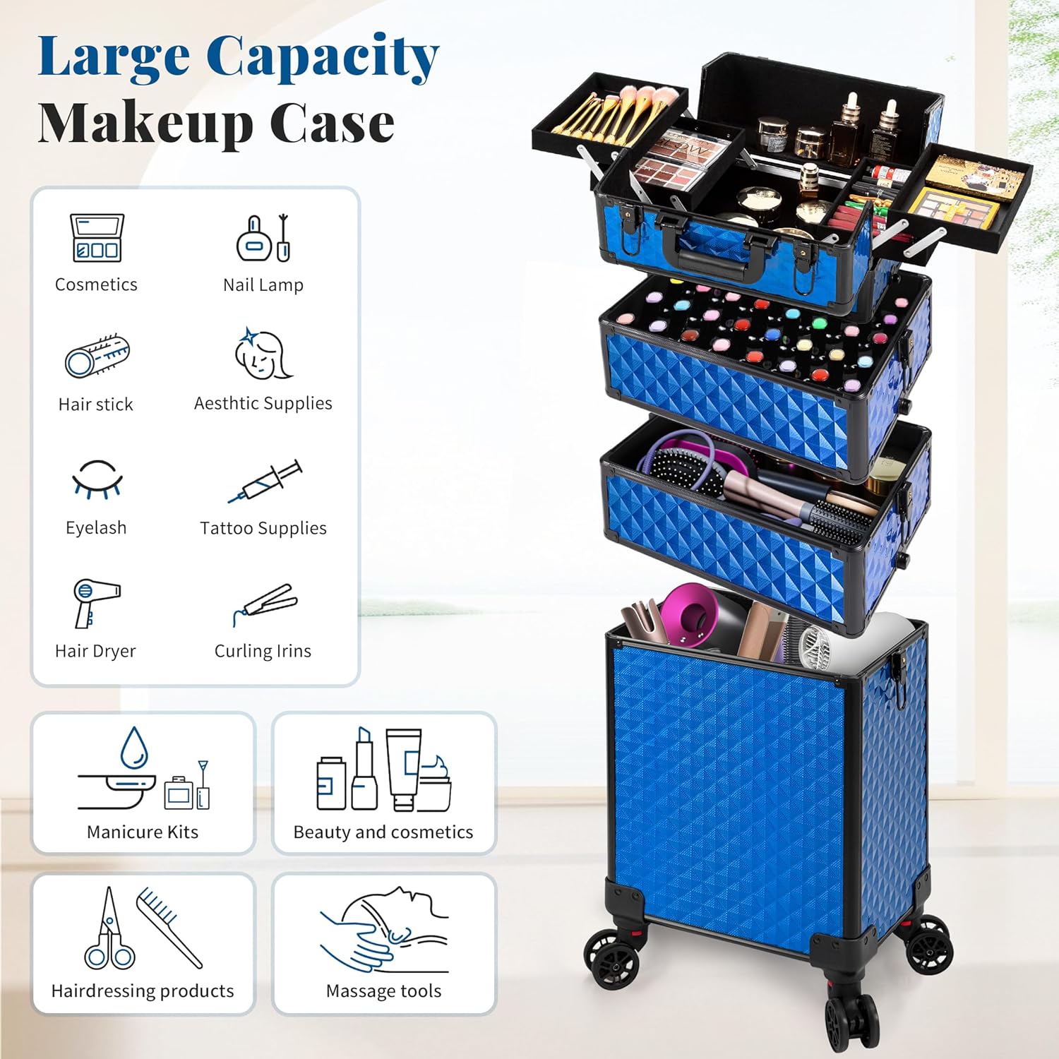 AROUS Rolling Makeup Train Case 4 in 1 Cosmetology Case on Wheels Large Storage Cosmetic Trolley with Key Salon Barber Case Traveling Cart Trunk, Blue - Image 6