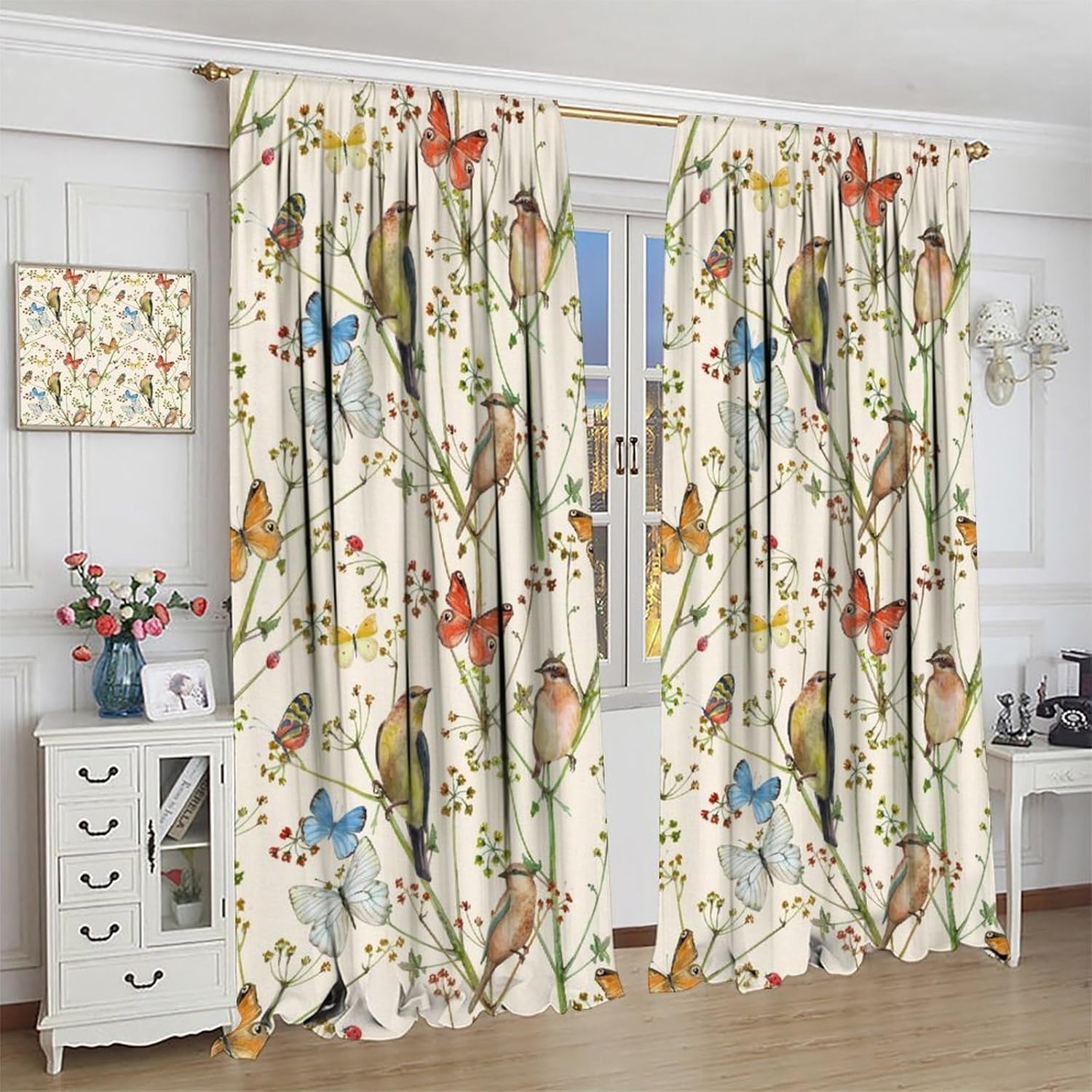 Bohemian Bird Curtains, Retro Rustic Colorful Art Watercolor Plants Butterfly Moth Animal Seamless Pattern Window Treatments, Blackout Rod Pocket Drapes For Living Room Bedroom Bathroom 42x45in