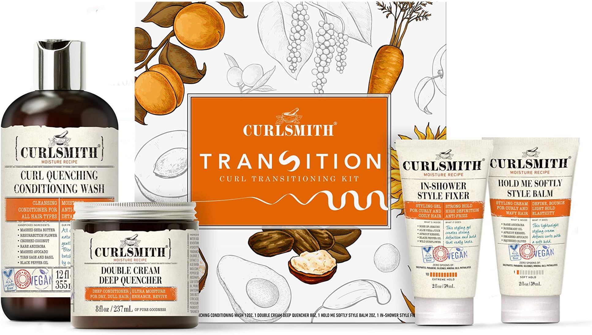 CURLSMITH - Transition Kit - Vegan Haircare Kit for Dry, Wavy, Curly or Coily Hair (1 x 12oz, 1 x 8oz, 2 x 2oz)