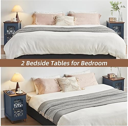 Miniatura 8 de Mesa auxiliar estrecha con estación de carga, mesita de noche con puerta de granero de cristal, mesas auxiliares de noche con estante ajustable,