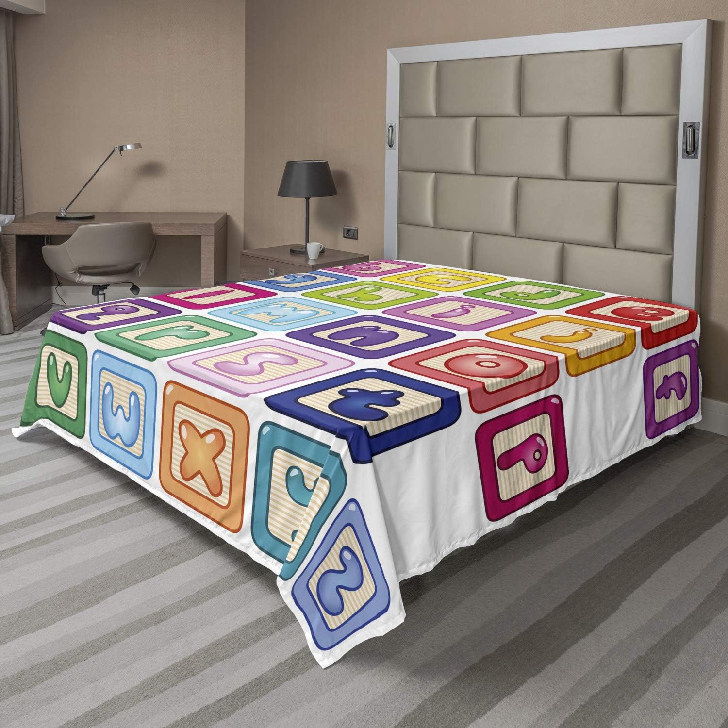 Ambesonne Science Flat Sheet, Colorful Lower Case Alphabet Blocks Font ABC Cartoon Style Typography, Soft Comfortable Top Sheet Decorative Bedding 1 Piece, Full Size, Multicolor