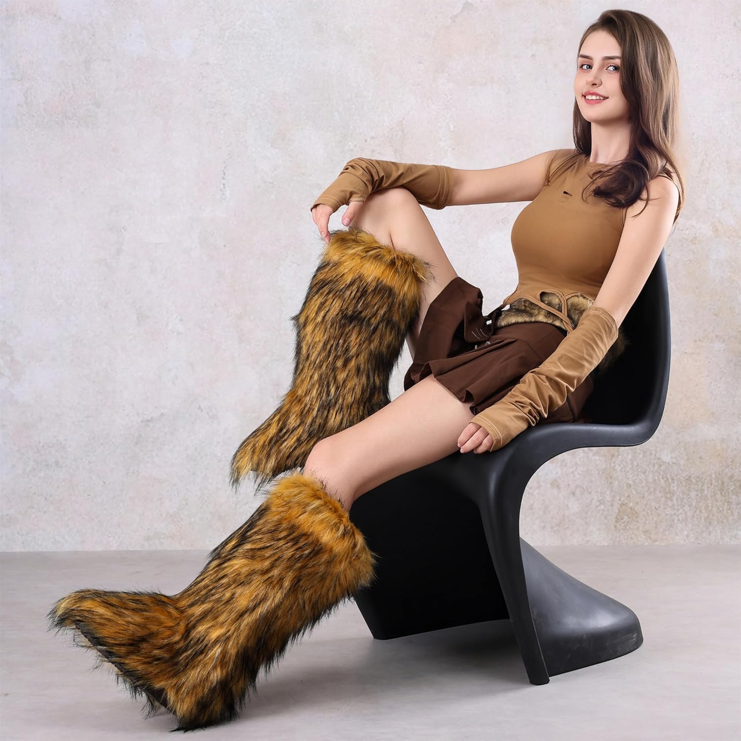 Fur Boots for Women,Furry Fluffy Fuzzy Knee High Snow Boots Winter Warm Soft Brown Black Faux Fur Boots - Image 6