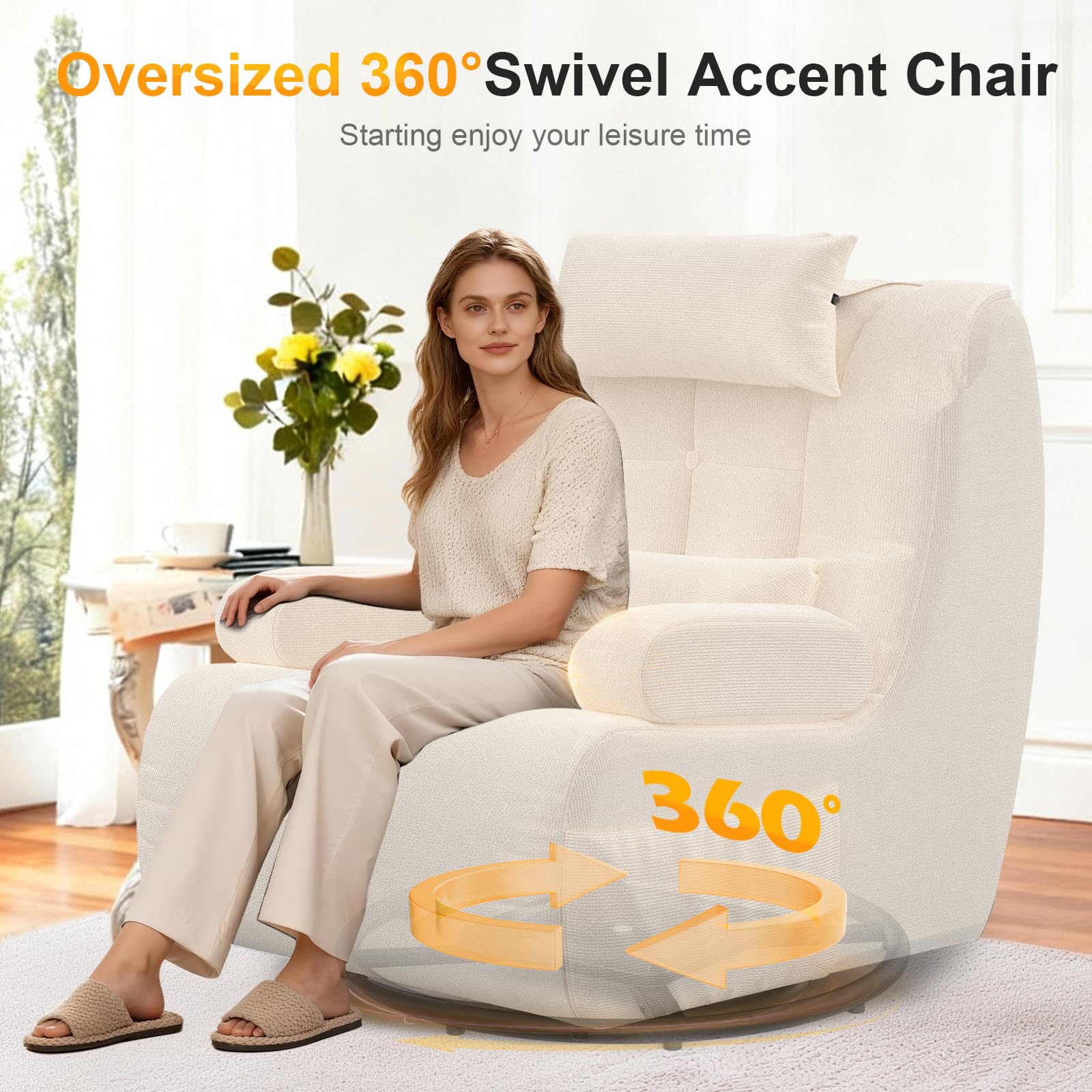 3-in-1 Relaxsessel, 360°Drehsessel,Extragroßer,Gepolsterter Hochlehner-Sessel mit 2 zusätzlichen Kissen, 2 Seitentaschen,Gepolstertem Sitzkissen und Rückenlehne, Akzent-Relaxsessel (Beige)