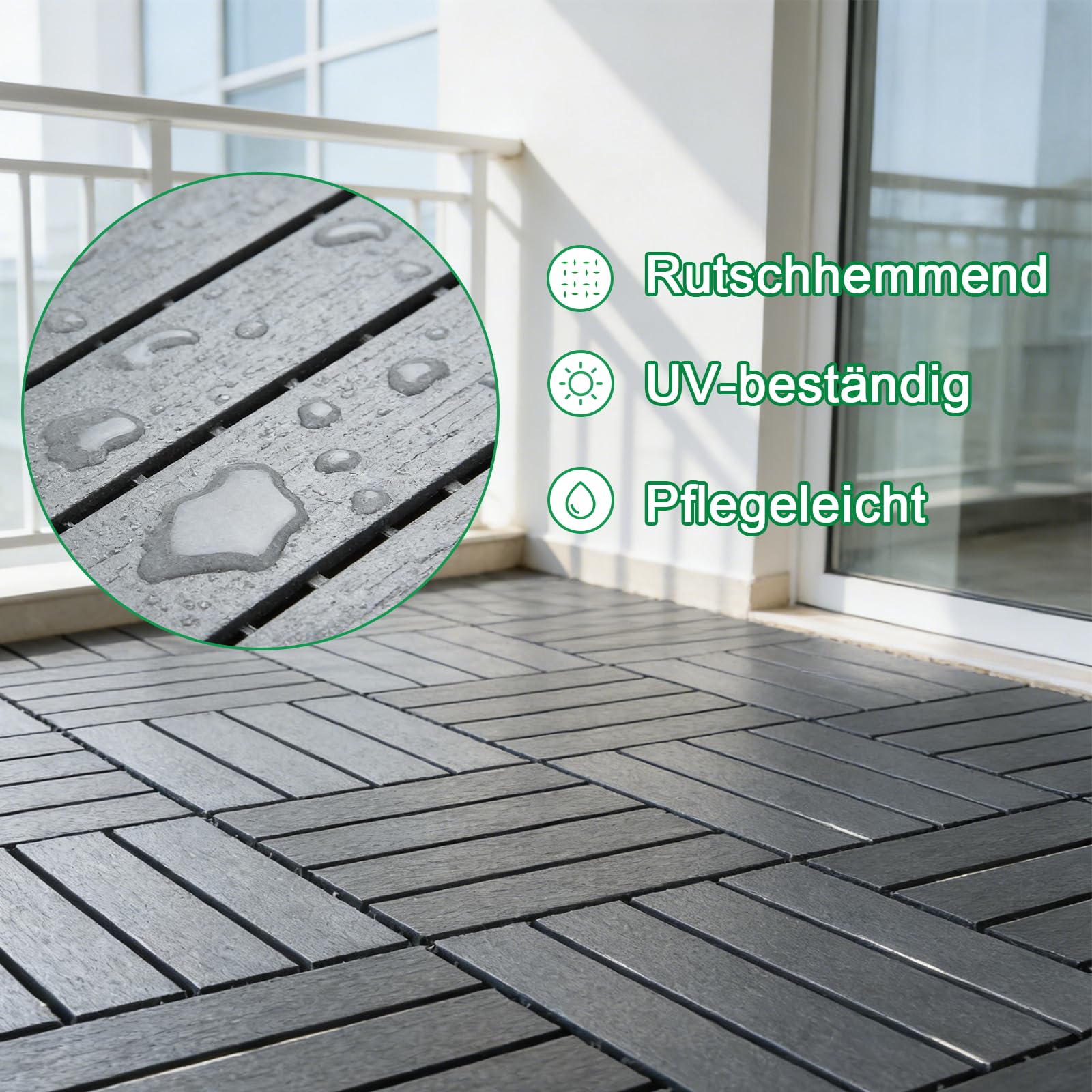 Nicoman Lot de 12 dalles de terrasse en PVC avec système à clic - 30 x 30 cm - Imperméables et antidérapants - Surface aspect pierre - Revêtement de sol pour balcon, terrasse, jardin et piscine (noir