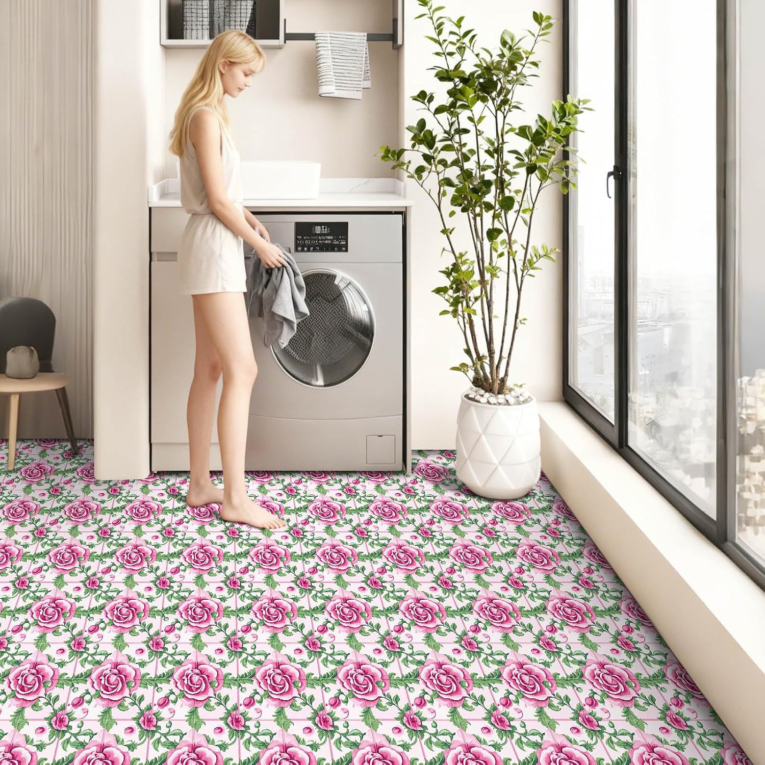 IVN 10PCS 12x12 Inch Peel and Stick Floor Tiles Pink Rose Floral Tile Pattern with Green Leaves Removable Self Adhesive DIY Vinyl Flooring Stickers for Entryway Kitchen Bar Studio Home Decor