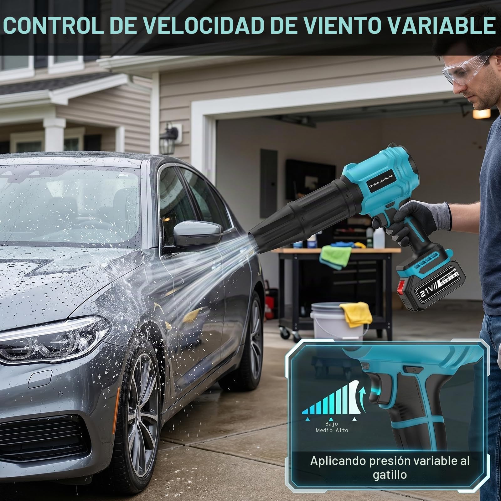 Soplador de Hojas con 2 Batería 4,0Ah, 21V Soplador Batería 800,000 RPM, 65 m/s, Velocidad Regulable, 2 Boquillas y Diseño Ligero para Jardín, Terraza, Patio y Coche (Azul)