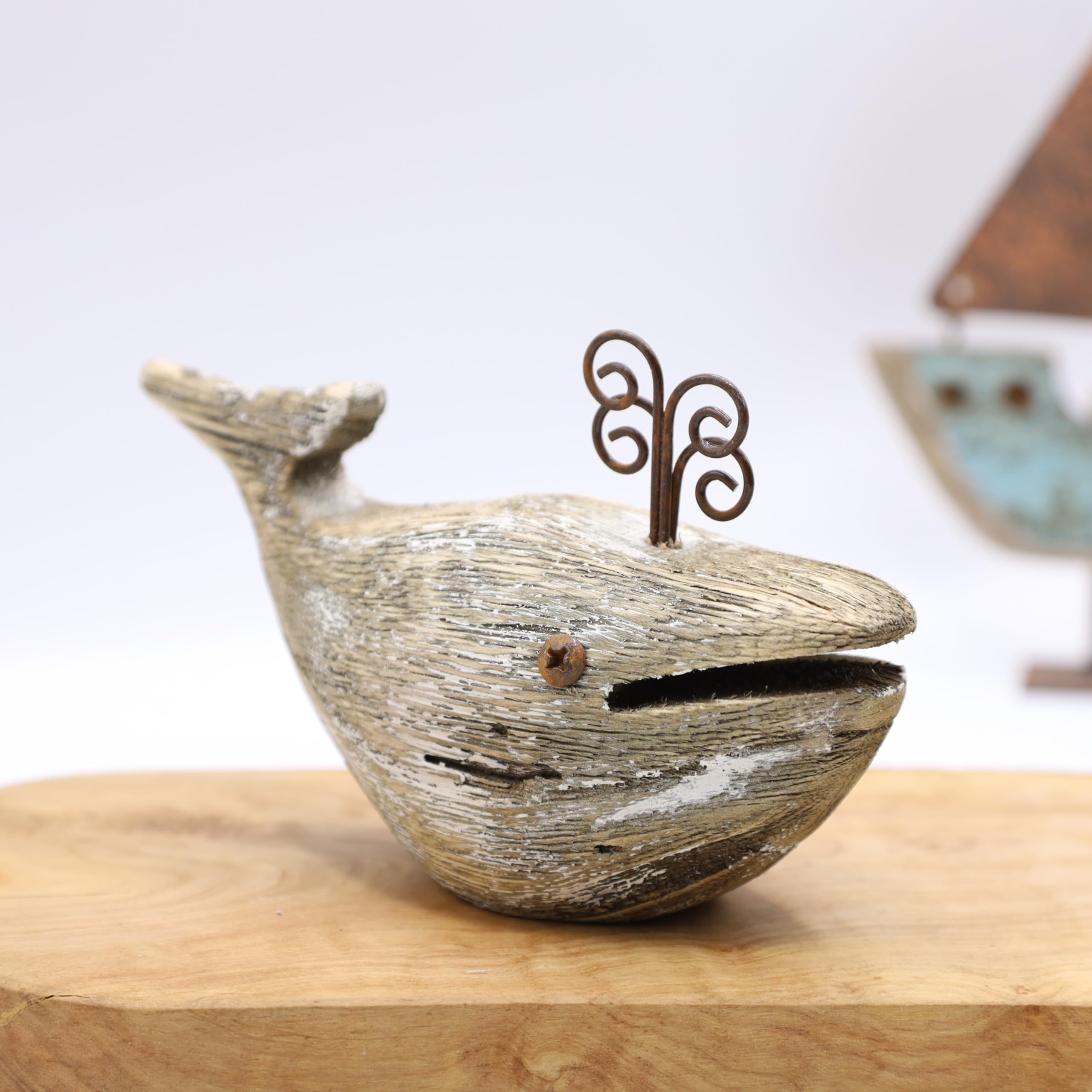 Fyne-Finds Grey Nautical Wooden Whale Fish Decor Rustic Ocean Sea Beach Themed Decoration Ornament