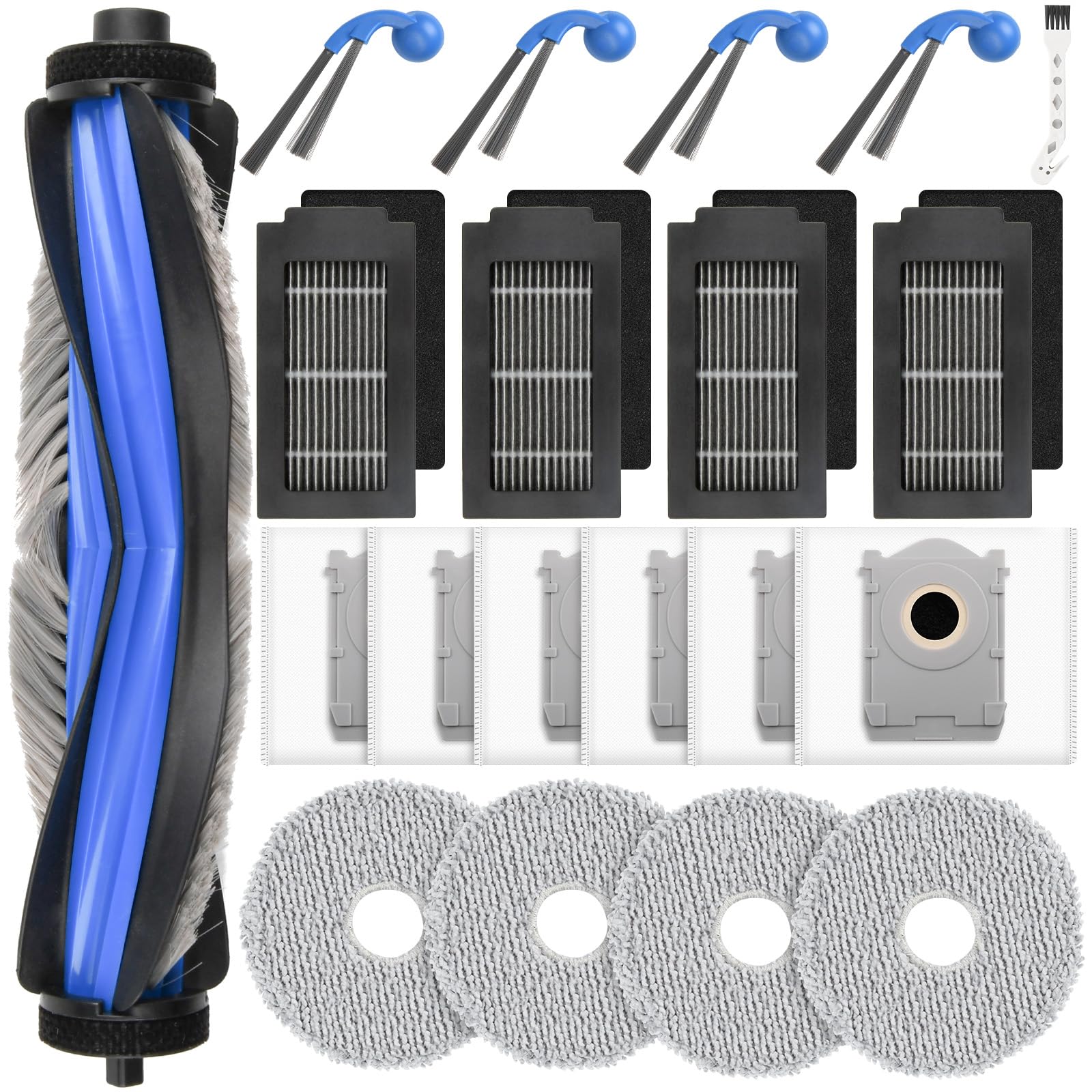20 Stück Zubehör für Ecovacs Deebot T30c Omni Gen2 / T30C Omni Saugroboter, 1 Hauptbürste, 4 Wischtücher, 6 Staubbeutel, 4 HEPA-Filter, 4 Seitenbürsten, 1 Reinigungsbürste
