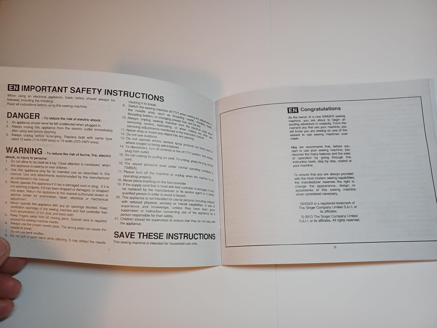 Page from Singer 2282 manual showing important safety instructions and a congratulations message.