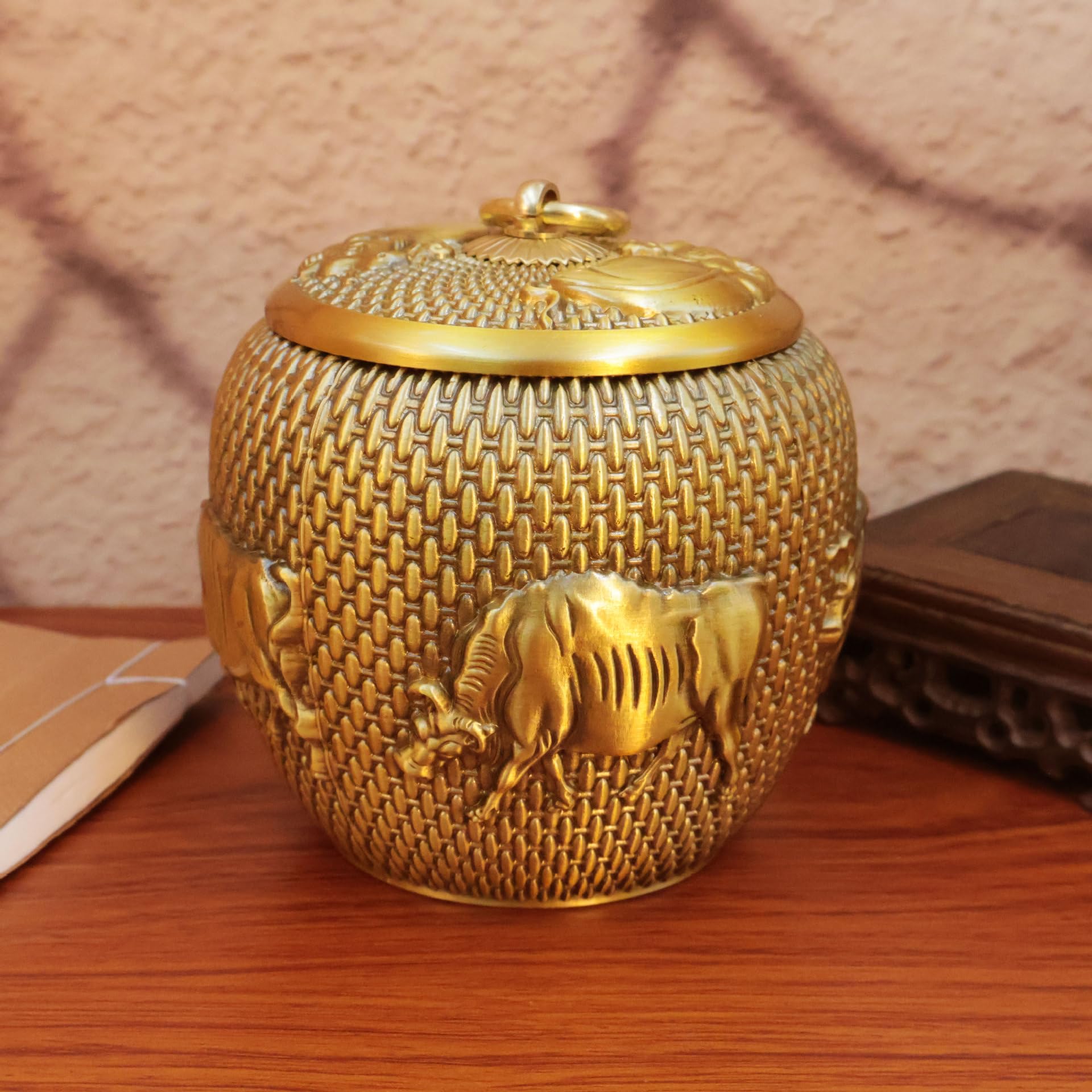 Ceramiczny słoik na żywność chiński mosiądz puszka na herbatę pięć krów przechowywanie zdjęć pudełko na herbatę salon przechowywanie puszka domowe rzemiosło ozdoby spiżarnia pojemniki do