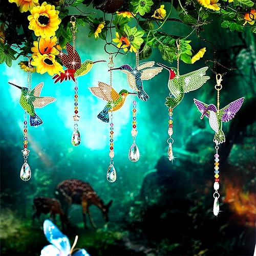 Miniatura 2 de Tradder 6 piezas de pintura de diamantes de imitación colibrí campanillas de viento de pájaros kits de arte para adultos, decoración de verano con
