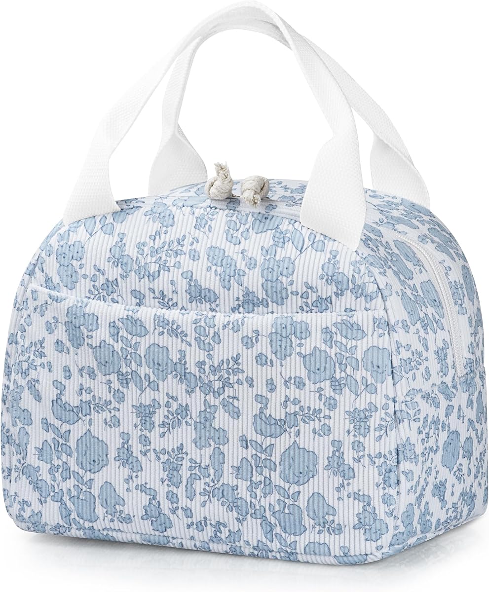Insulated Lunch Bag for Women Men Cute Corduroy Reusable Lunch Box Large Capacity Leakproof Cooler Tote Bags for Work Picnic Travel (Corduroy Blue Floral)