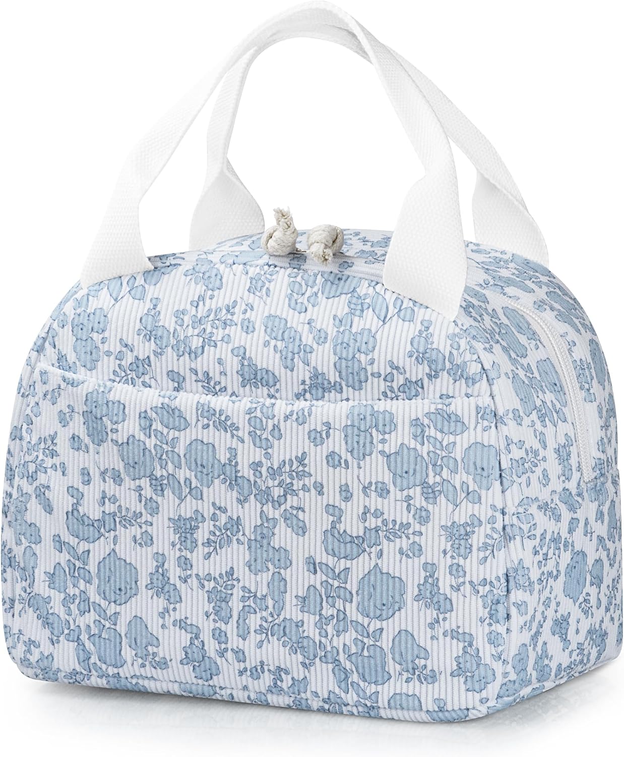 Insulated Lunch Bag for Women Men Cute Corduroy Reusable Lunch Box Large Capacity Leakproof Cooler Tote Bags for Work Picnic Travel (Corduroy Blue Floral)