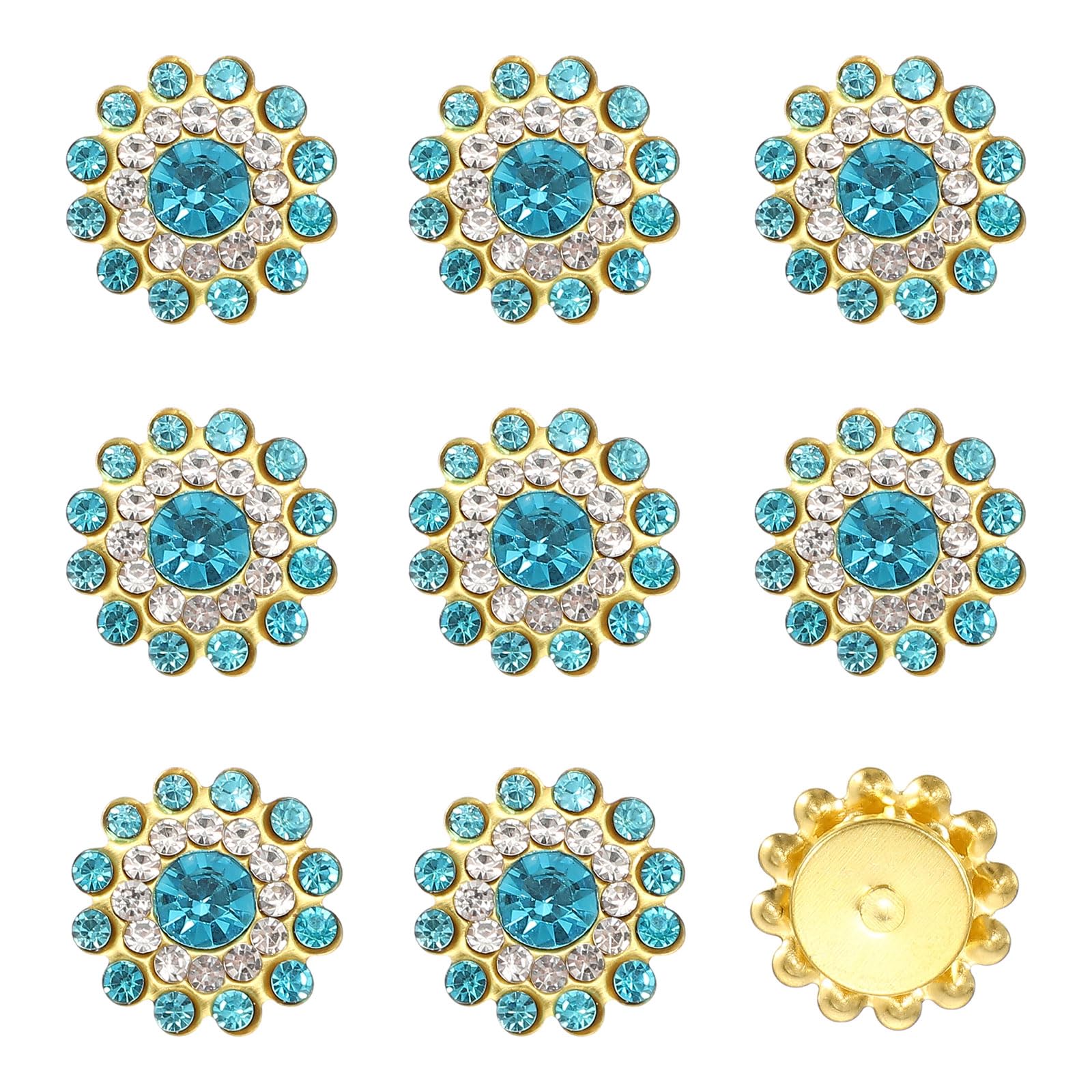 YELARXI 150Pcs 14mm Sew on Flower Rhinestones Crystal Glass Gems, Flatback Claw with Metal Base Crystals for Sewing Clothes Shoes Jewelry Belt Accessories, Lake Blue — image 1