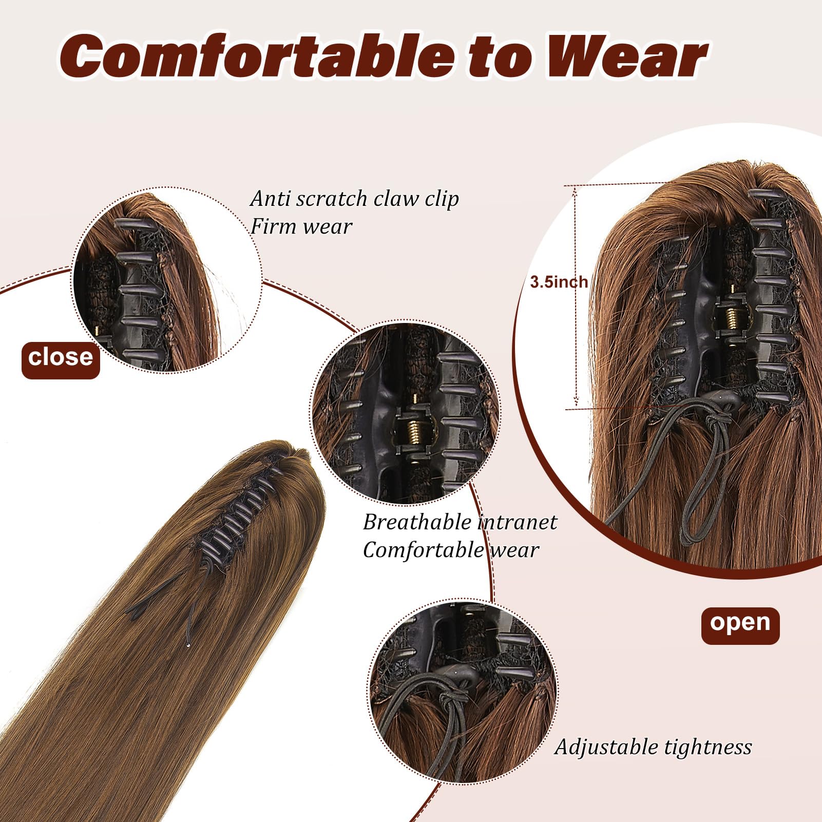 Dcbaboo Ponytail Extension Long Straight 20inch Claw Clip in Ponytail Hair Extensions Synthetic Pony tails Natural Wave One Piece Hairpiece Fake Ponytail for Women Dark Brown/Light Auburn - Image 2