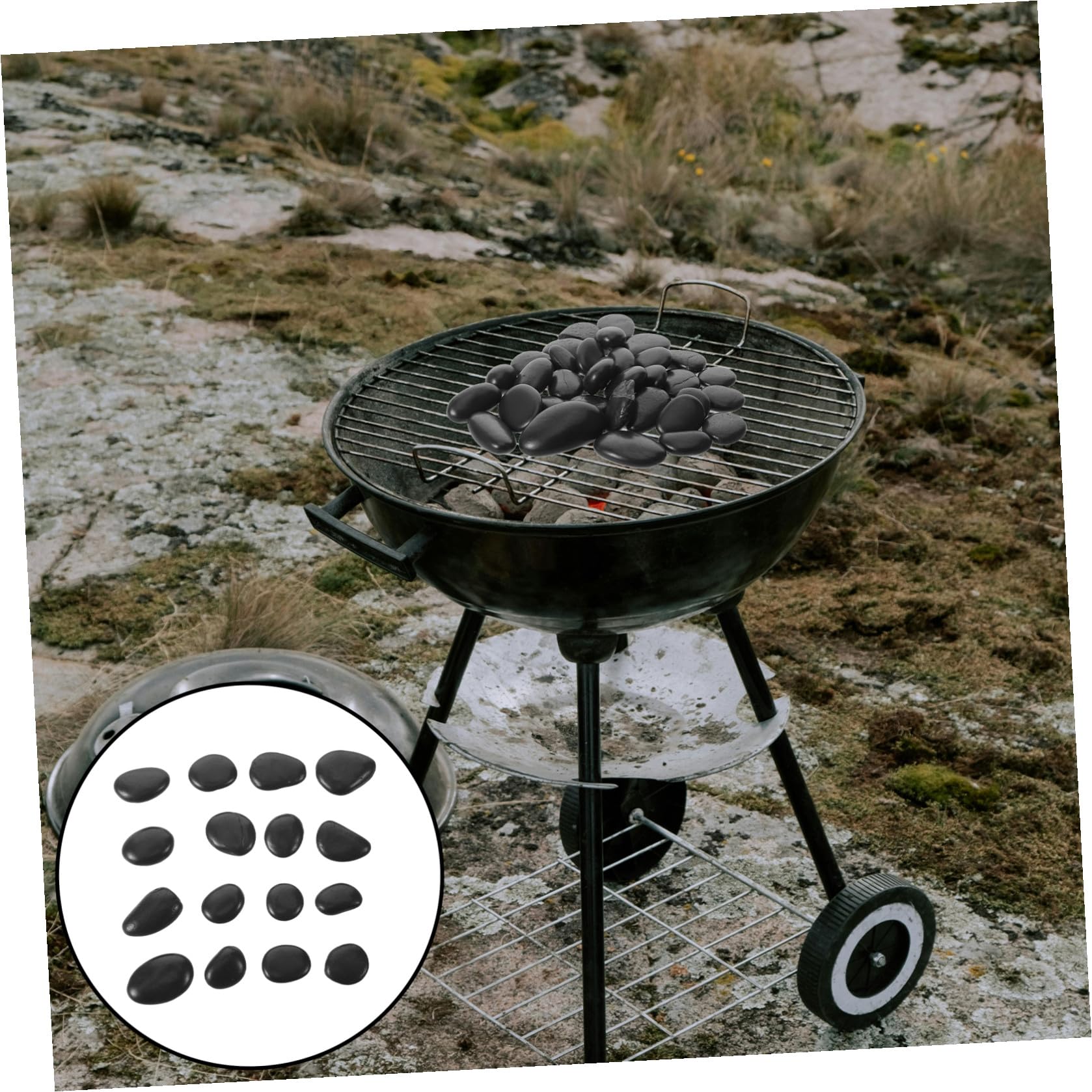Set di Pietre Naturali Nere per Barbecue, Ciottoli di Roccia Facile da Pulire, Multiuso per Riscaldamento Cibi e Grigliate All'aperto