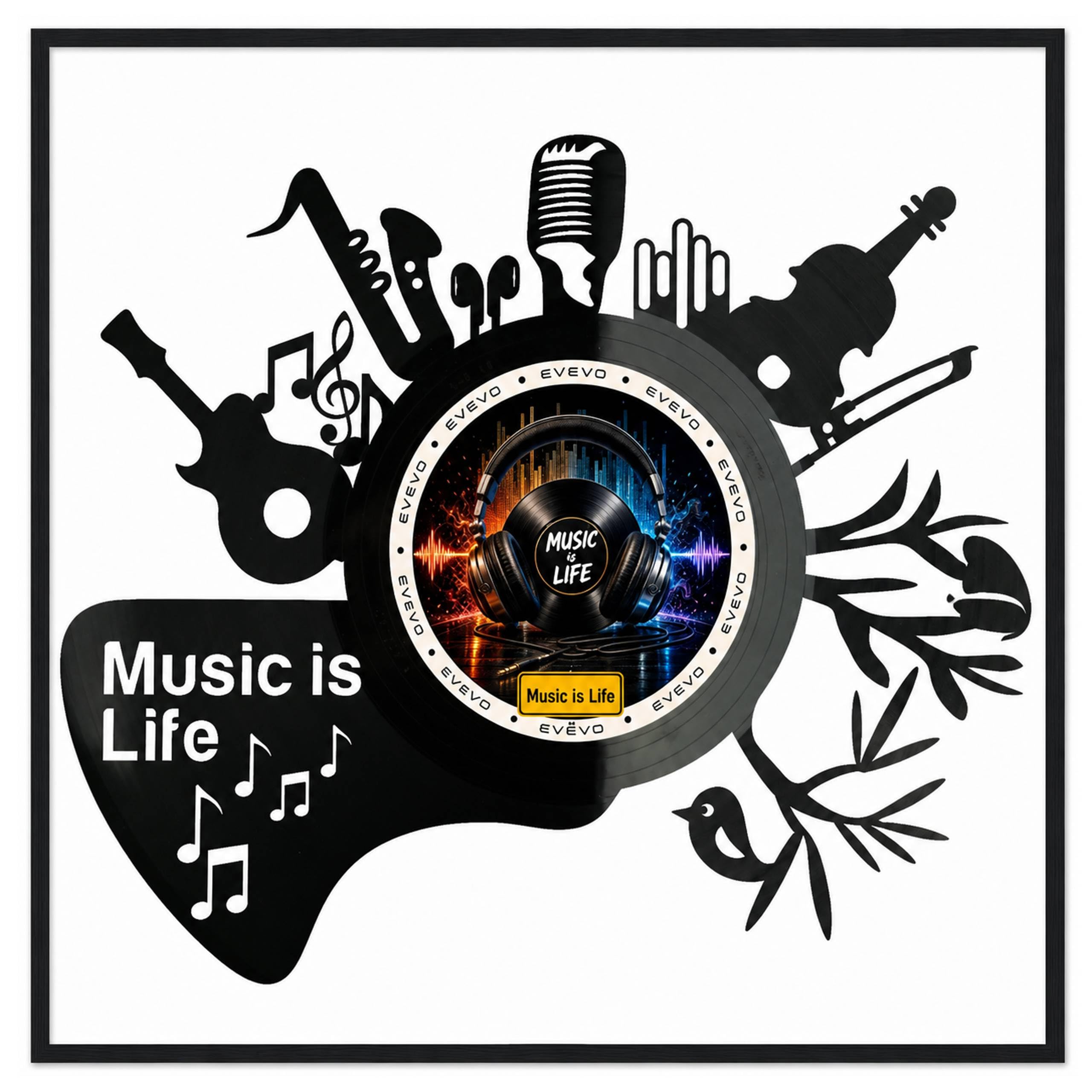 EVEVO Decorazione da parete in vinile, con cornice, 32 x 32 cm, motivo: Music is Life, idea regalo per musicisti e amanti della musica