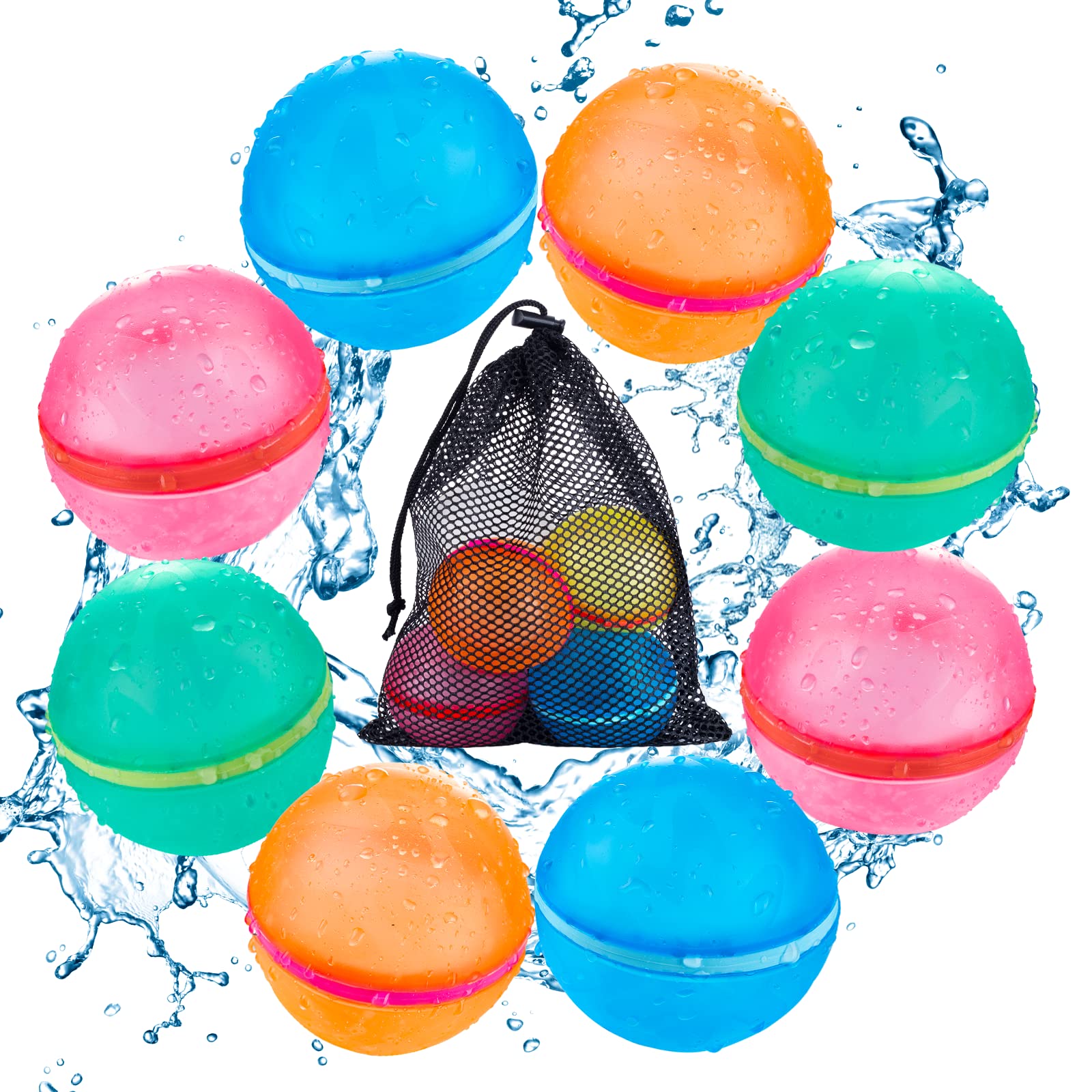 TIZIKCON Reusable Water Balloons with Mesh Bag, Latex-Free Silicone Quick Self-Sealing Water Splash Bomb for Kids Adults Water Game, Bath Toy, Pool Toy, Summer Party Supplies(8PCS)