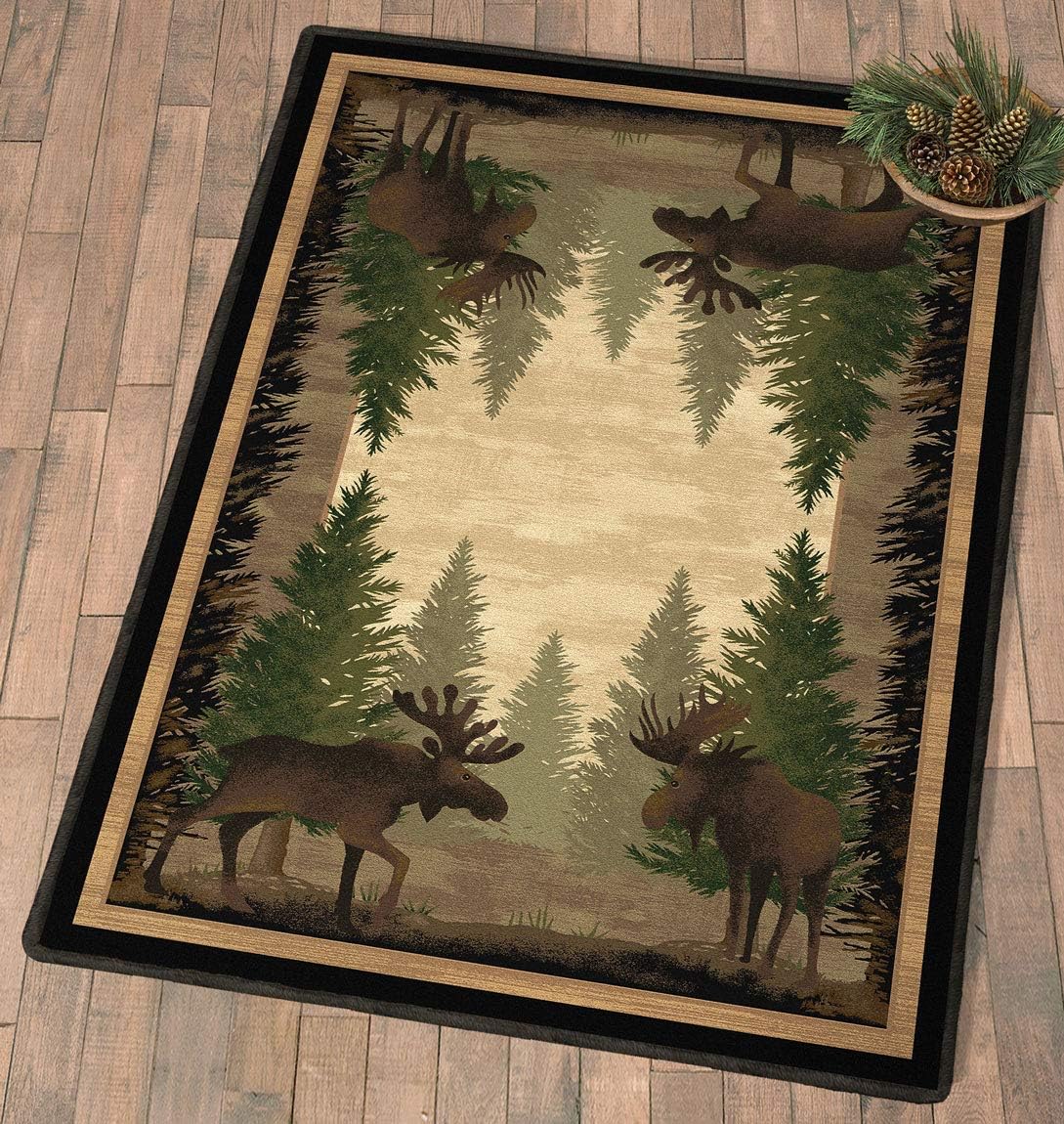 BLACK FOREST DECOR Moose Grove Rug – 5x8 Ft Cabin Scene Area Rug with Moose & Trees – Soil Resistant Nylon Rug, Made in USA