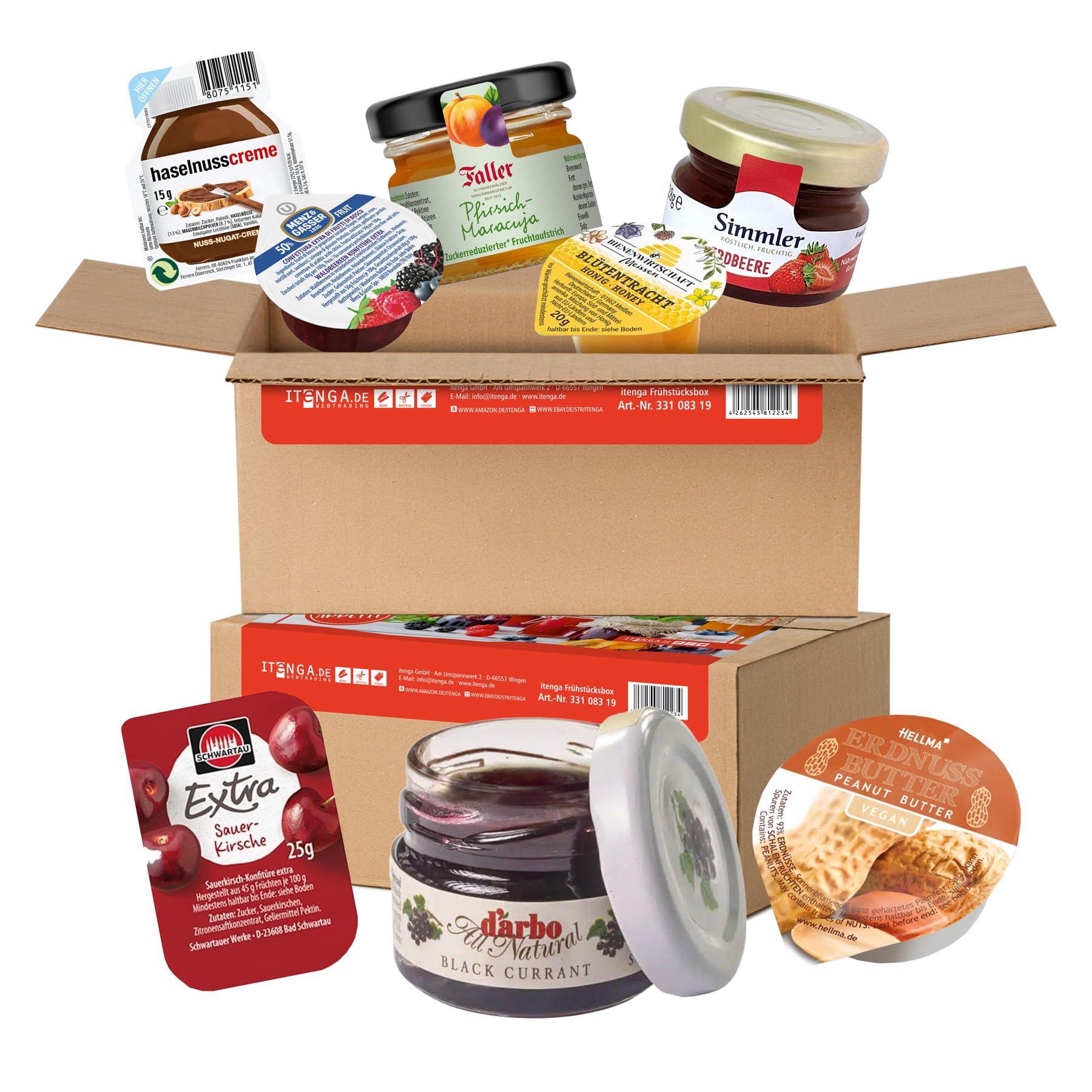 itenga Frühstücksaufstrich Box 24-teilig | Portionsgläser & Portionsbecher | Marmelade, Honig, Nuss-Nougat & Erdnusscreme | Adventskalender-Füllung, Büro & Urlaub - Inhalt 627g