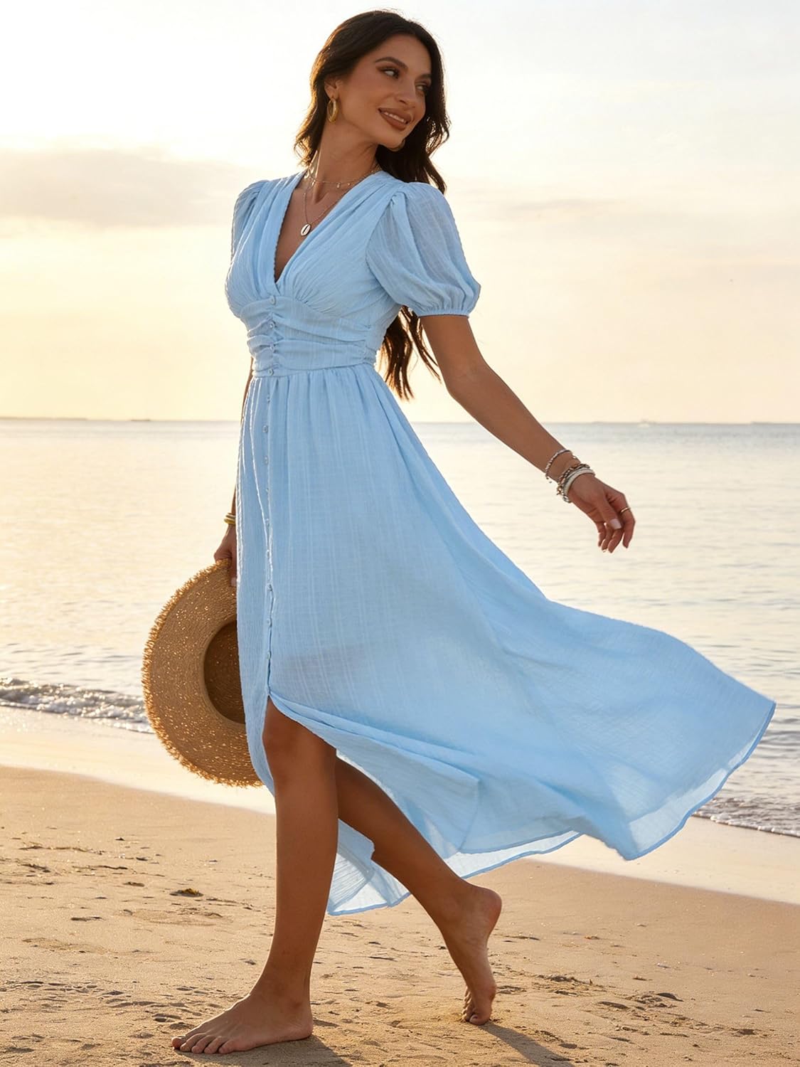 Krumba Women Summer Maxi Dress: Boho Smocked Button Waist Puff Sleeve Casual Midi – Comfort for Beach Party Vacation - Image 4