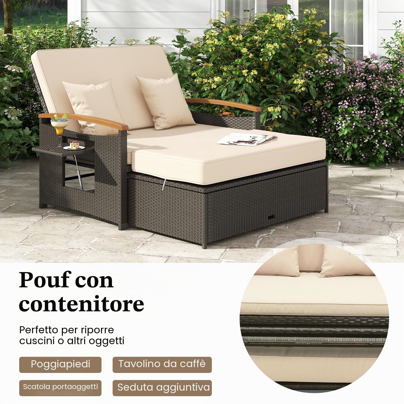 GIANTEX Divano da Giardino in Rattan a 2 Posti con Funzione Allungata, Set di Mobili in Rattan con Sgabello, Doppia Sedia a Sdraio per 2 Persone, 3 Colori (Cuscino Beige)