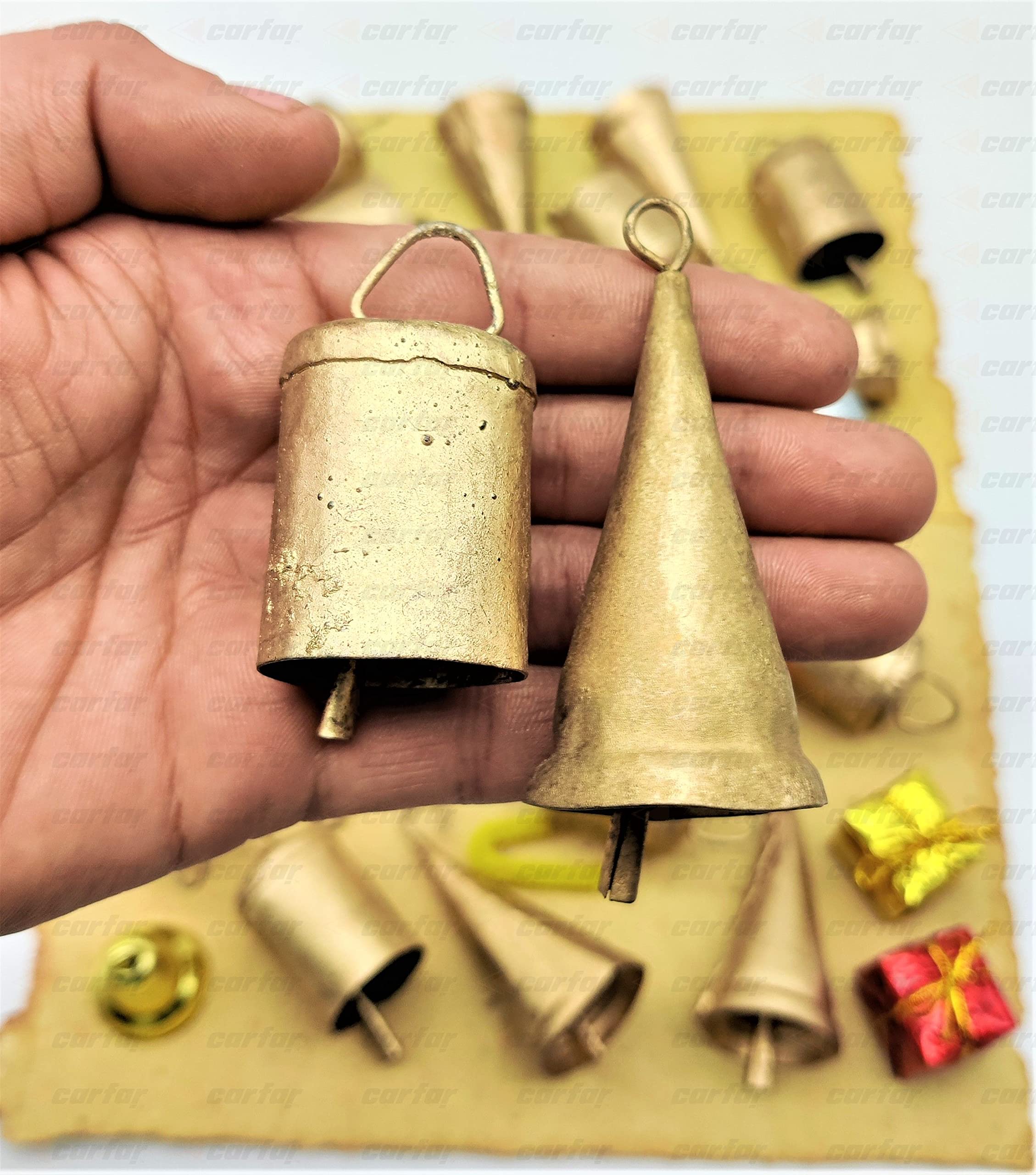 Campanelle natalizie - Set di 3 grandi campane rustiche dorate con corda - Campanelle da appoggiare sul camino, decorazioni natalizie, casa colonica rustica - Molto rustiche! - Italia