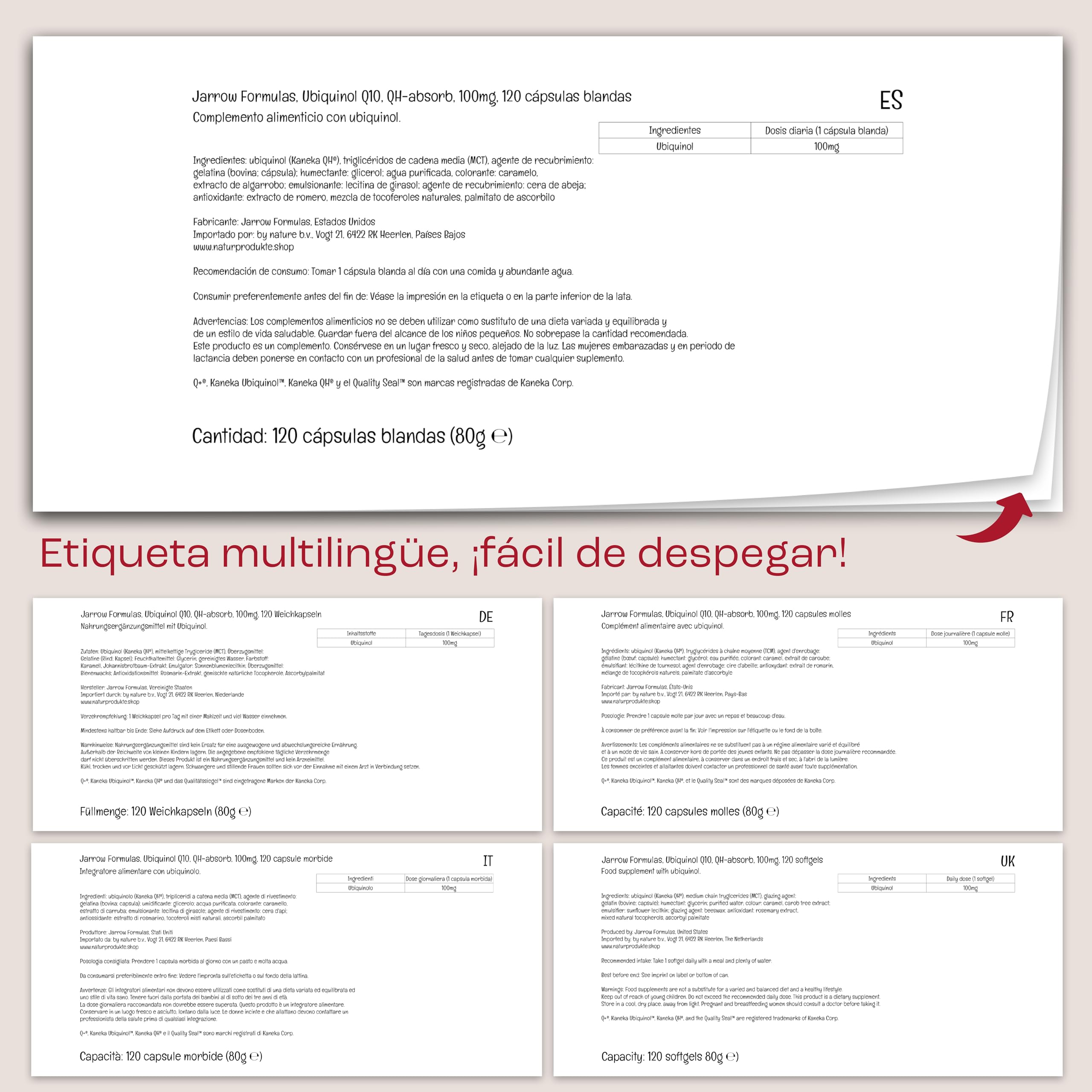 Jarrow Formulas, Ubiquinol QH-Absorb (Coenzima Q10 Activa), 100mg, Alta Potencia, 120 Cápsulas blandas, Probadas en Laboratorio, Sin Gluten, Sin Soja, Sin OGM