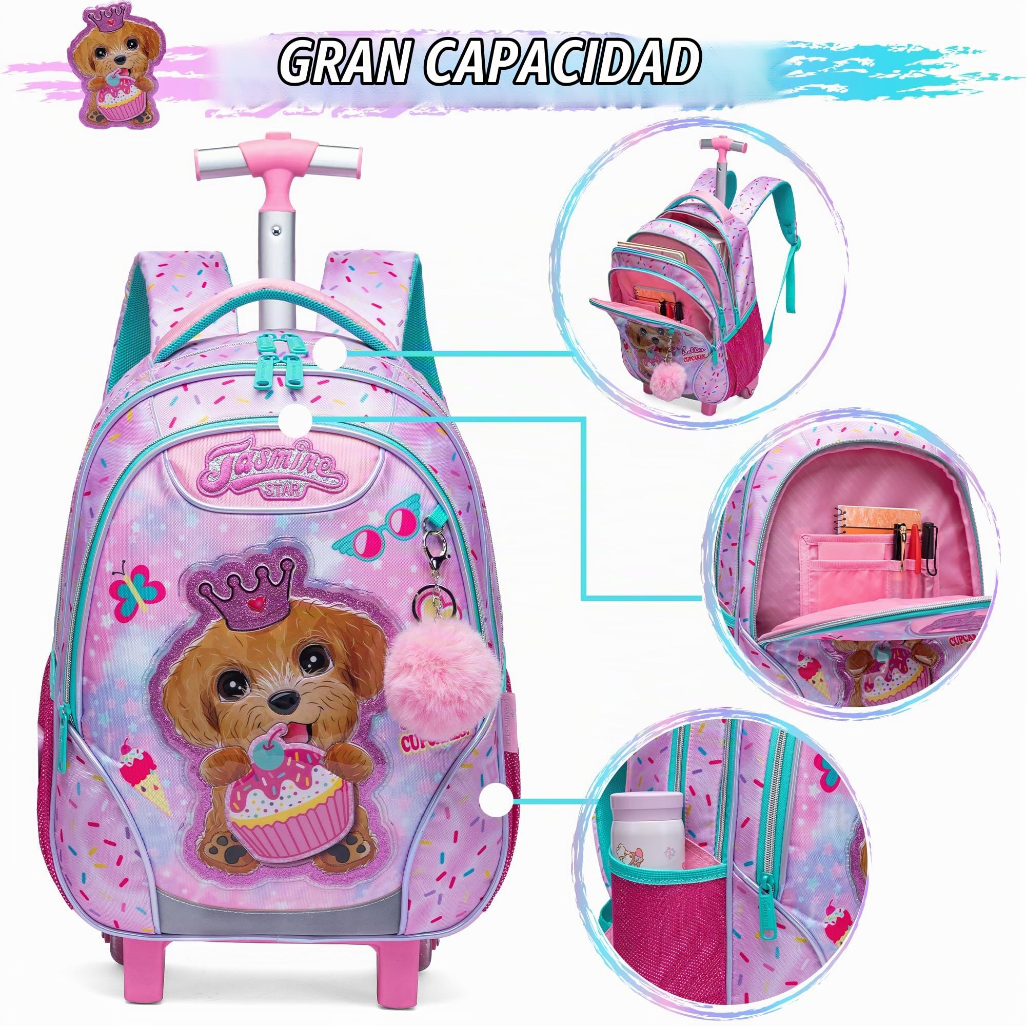 HTgroce Mochila Escolar con Ruedas Niña, Mochilas Escolares Con Ruedas,Traiga un Estuche para lápices y una Bolsa para el Almuerzo