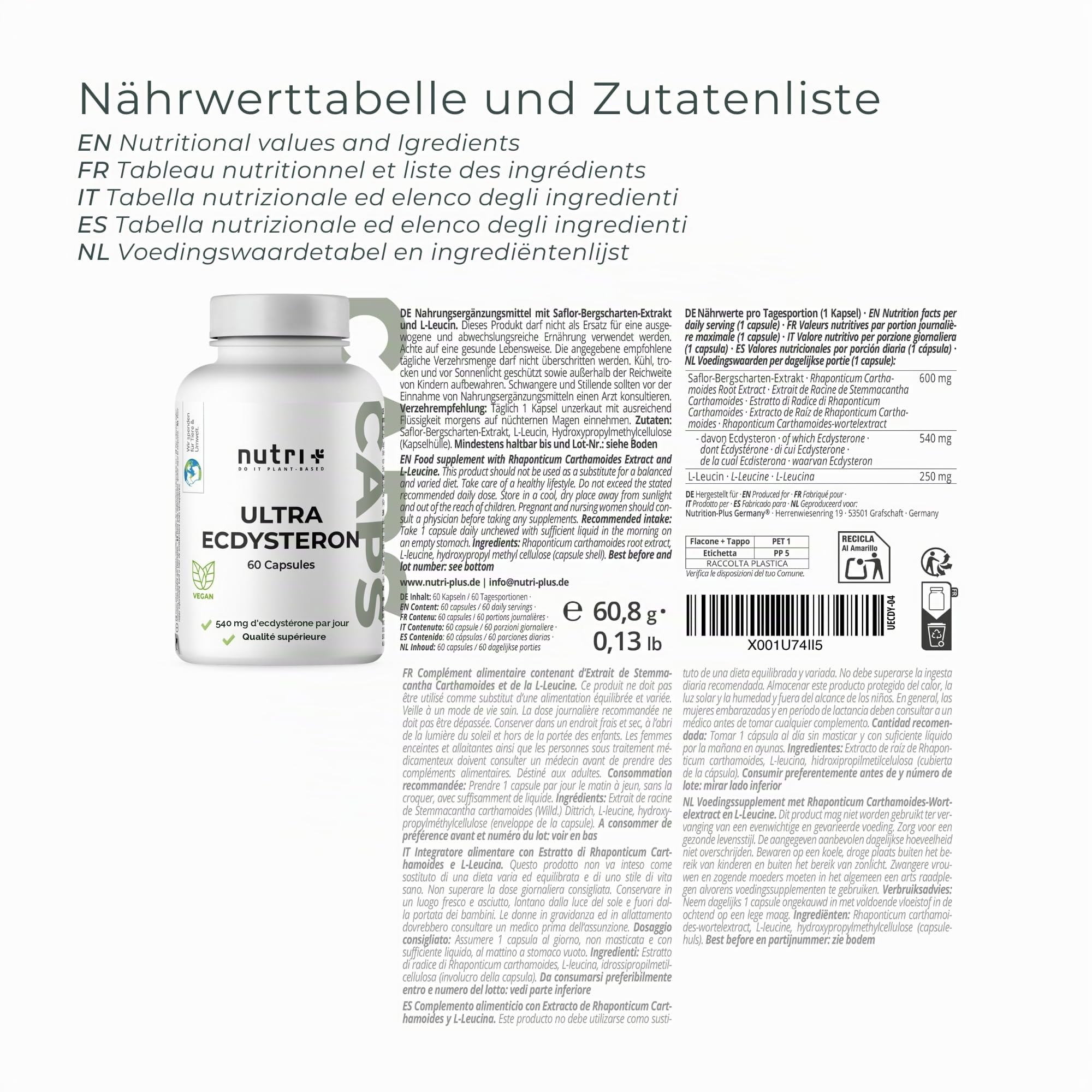 Nutri + Beta Ecdysterone Supplément hautement dosées + vegan - 540 mg par capsule - 90% beta-ecdysterone + L-Leucine - extrait de Stemmacantha Carthamoides - Fitness gelule