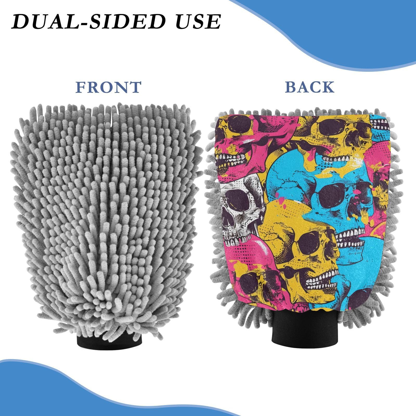 IOACIY Absorbent Microfiber Car Wash Drying Mitts, 2 Pack, Scratch-Free & Lint-Free, Rich Foam, Highly Absorbent, Double Sided, Wash Mitt Perfect for Car Washing, L, Skull (1)