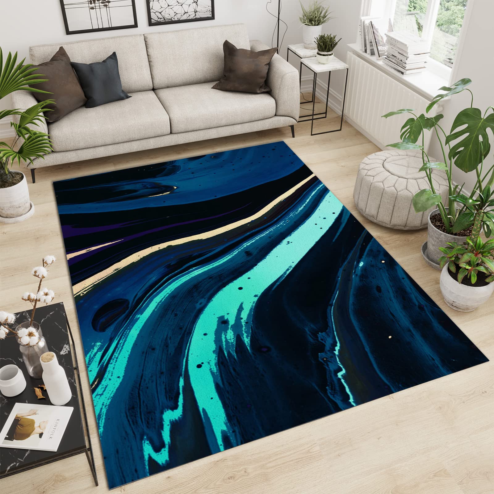Tapis bleu vert effet marbre 3D pour transformer l'ambiance de votre salon contemporain