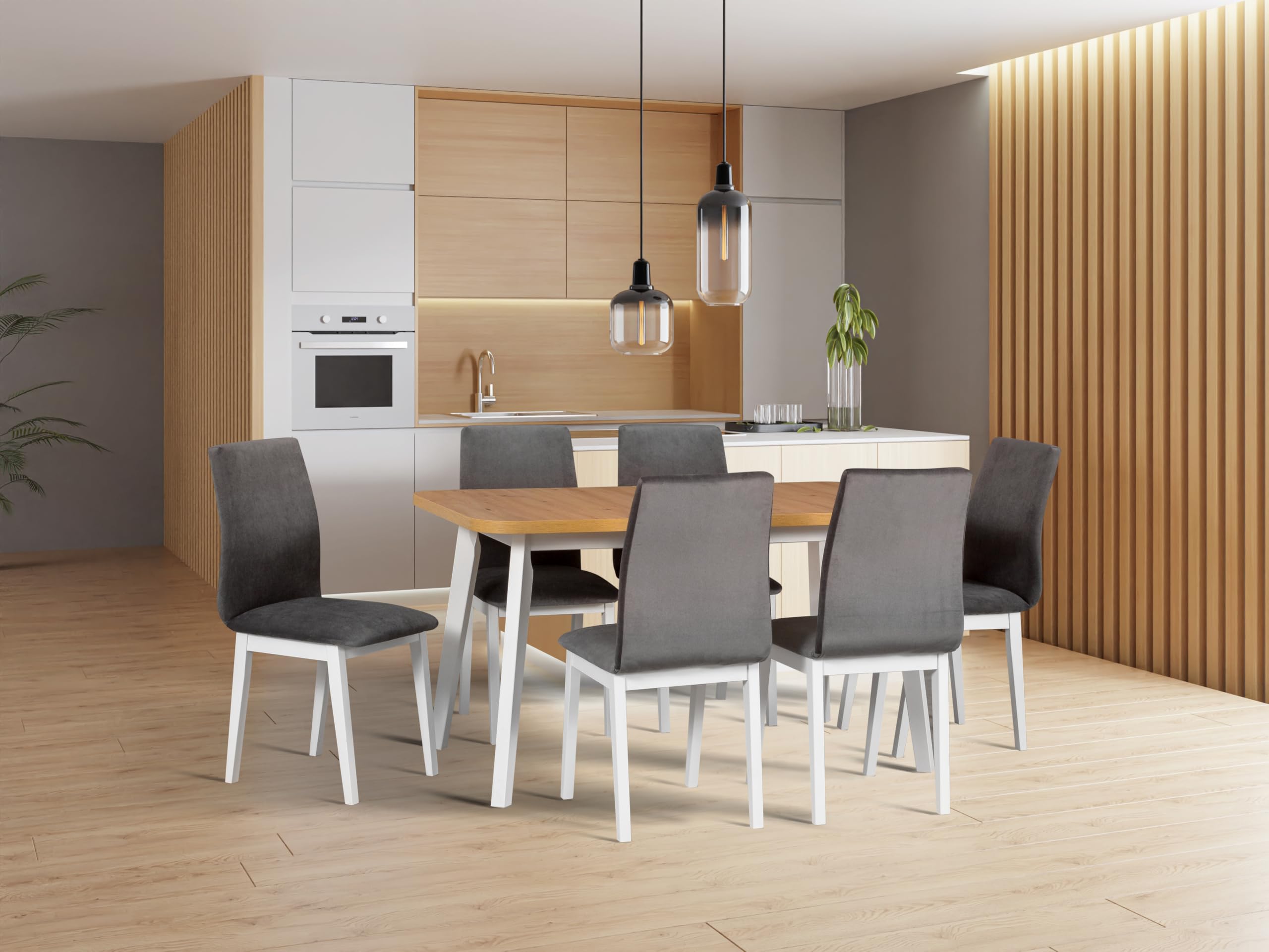 Ausziehbarer Esstisch- Oval- Esszimmertisch- Küchentisch-Hölzerne Beine in Schwarz - Tischplatte in Artisan- Moderner Stil- Für 6-8 Personen, 80x 140-180