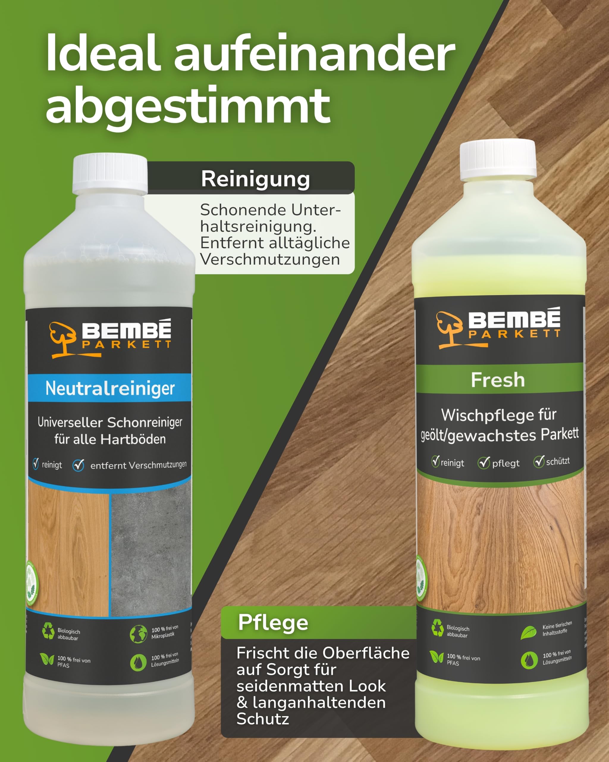 Bembé Erstpflege-Set für geöltes Parkett I Pflegewischer + 1 L Fresh + 1 L Neutralreiniger I Parkettpflege für geöltes & gewachstes Parkett I Reinigt, schützt & pflegt I Seidenmatt & rutschhemmend