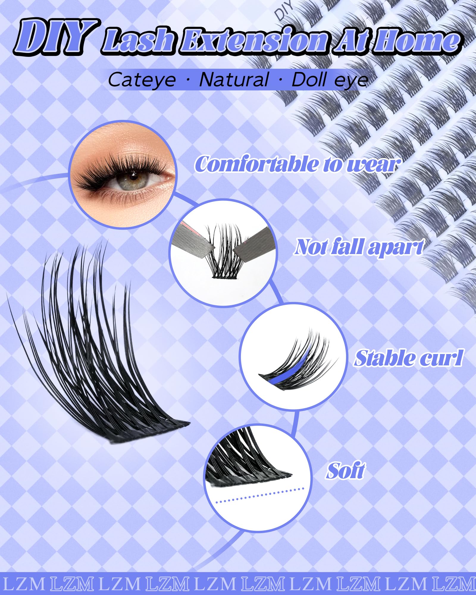 LZM Pojedyncze rzęsy w kępkach Cluster Lashes - C Curl rzęsy pojedyncze naturalne Cienkie taśmy Wygodne i lekkie Wispy Manga lash kępki Do codziennego użytku (lawendowa C MIX)