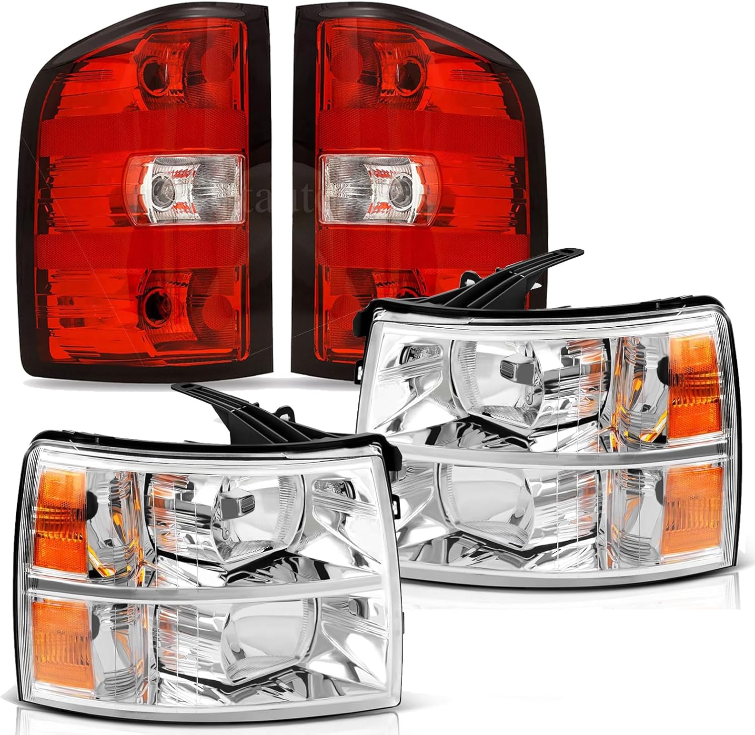 APSVE Headlights Tail Lights Combo Compatible with 2007-2013 Chevy Silverado 1500,2007-2014 Chevy Silverado 2500HD 3500HD Replacement Headlight Rear Brake Lamp Assembly, Chrome Housing Amber Corner